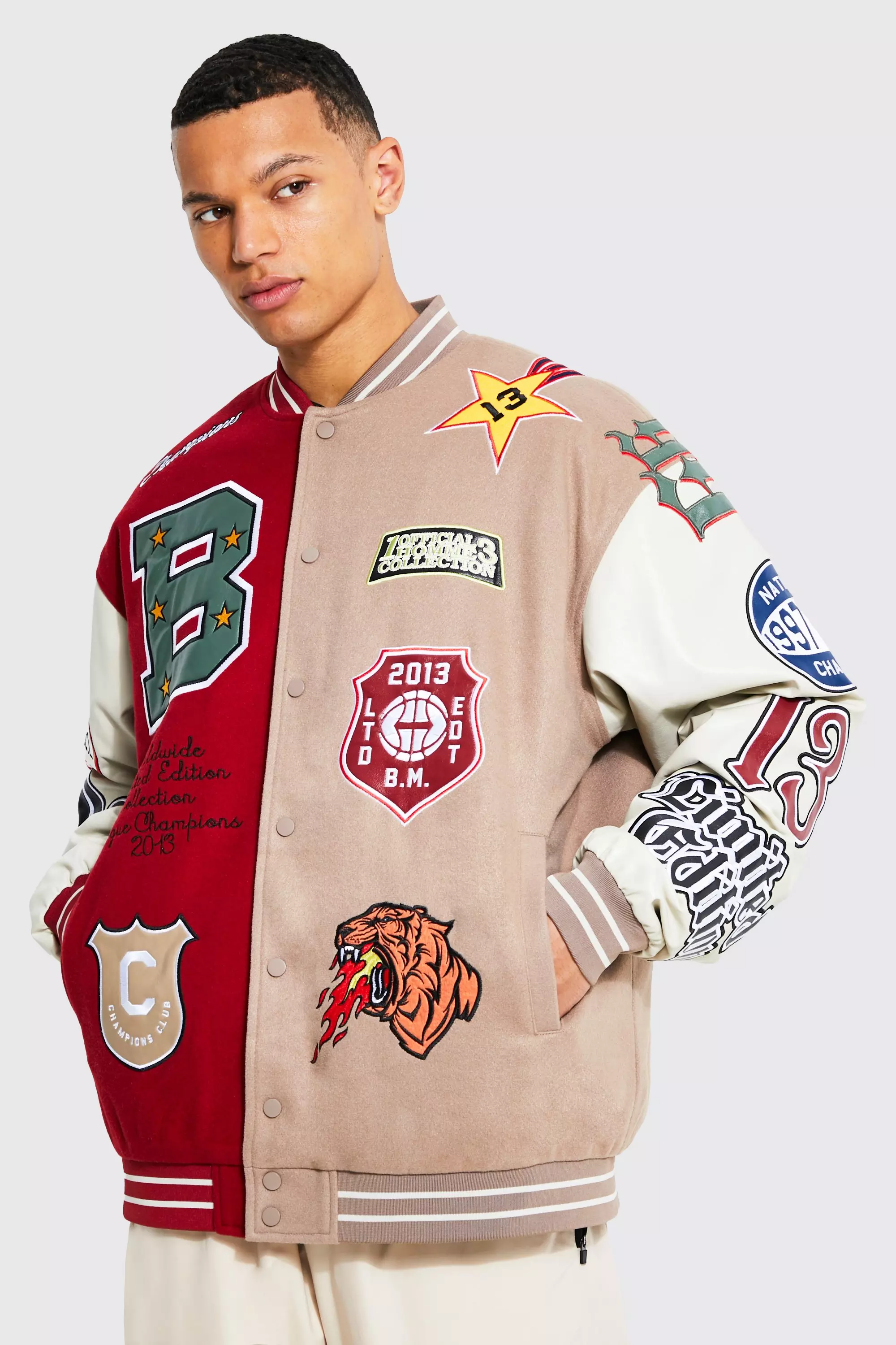 Tall Oversized Spliced Tiger Varsity Jacket | boohooMAN USA