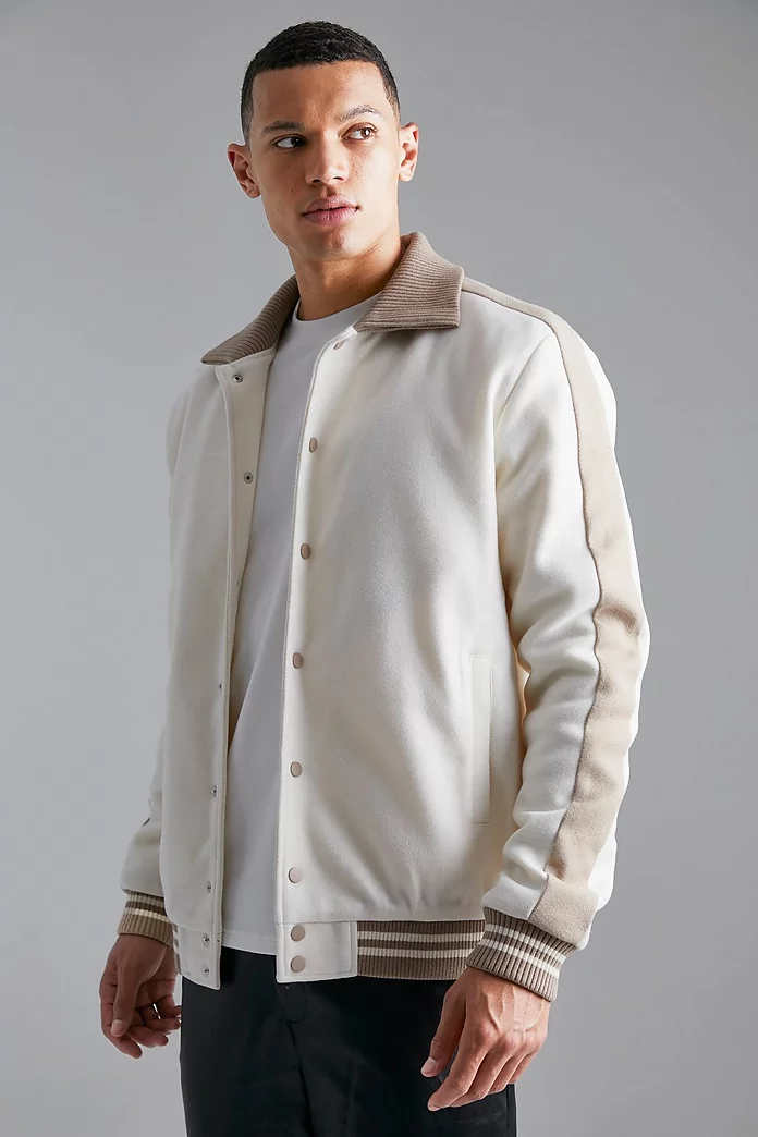 Tall Melton Coach Jacket With Knitted Collar | boohooMAN USA