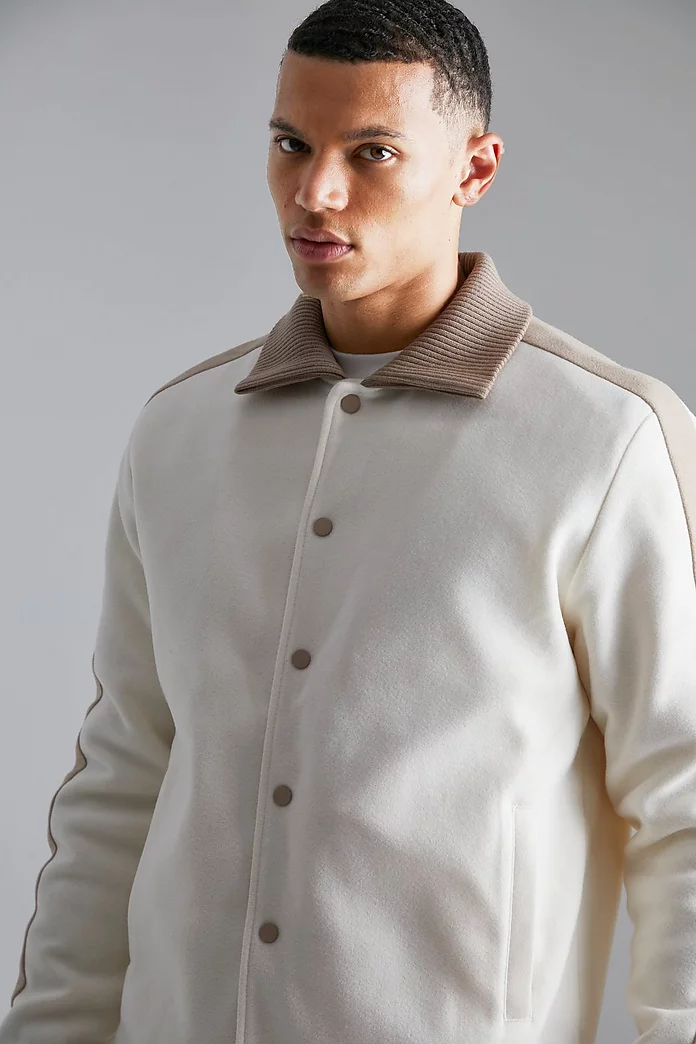 Tall Melton Coach Jacket With Knitted Collar | boohooMAN USA