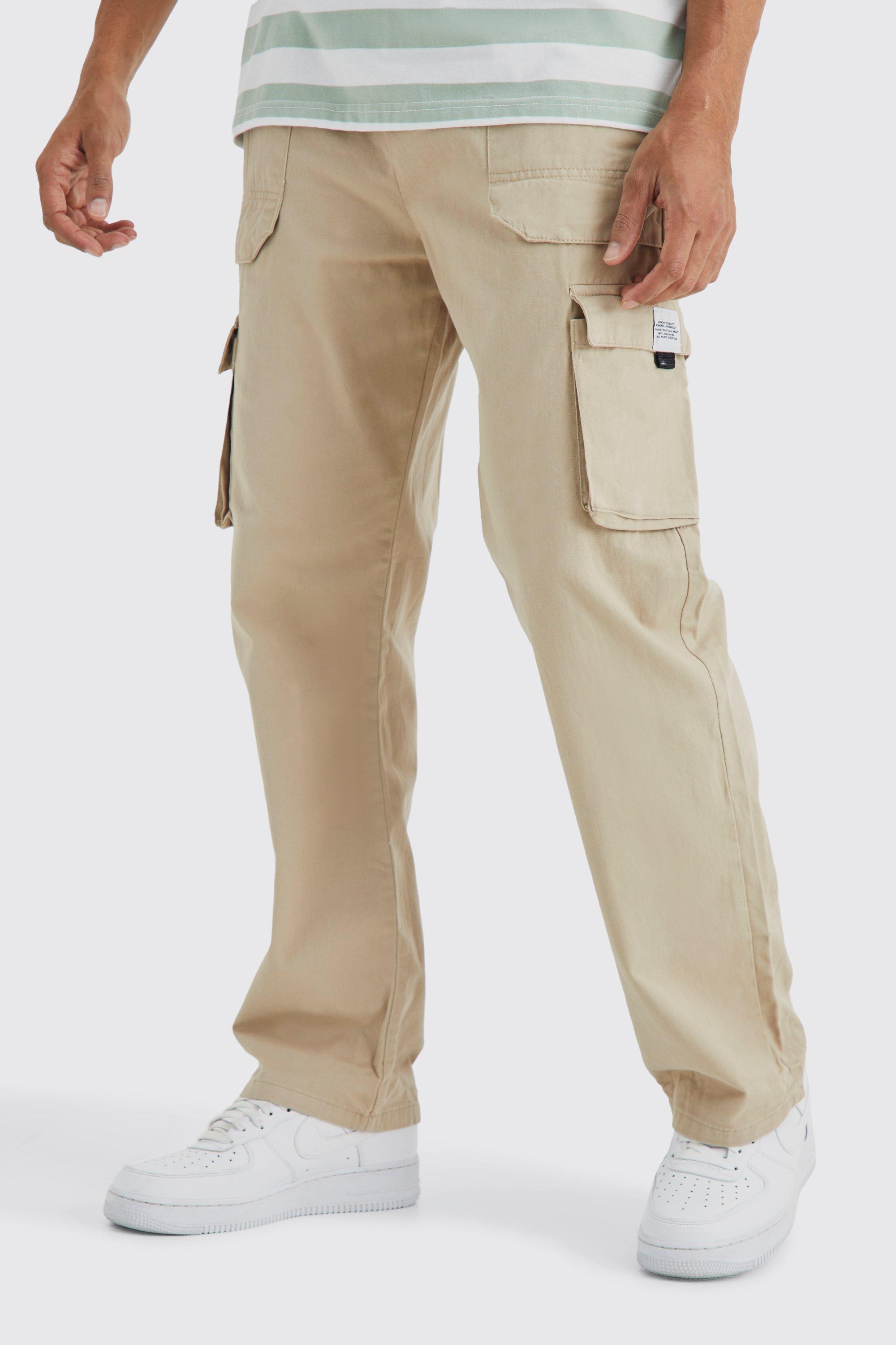 Mens Beige Elasticated Waist Relaxed Fit Buckle Cargo Trouser, Beige