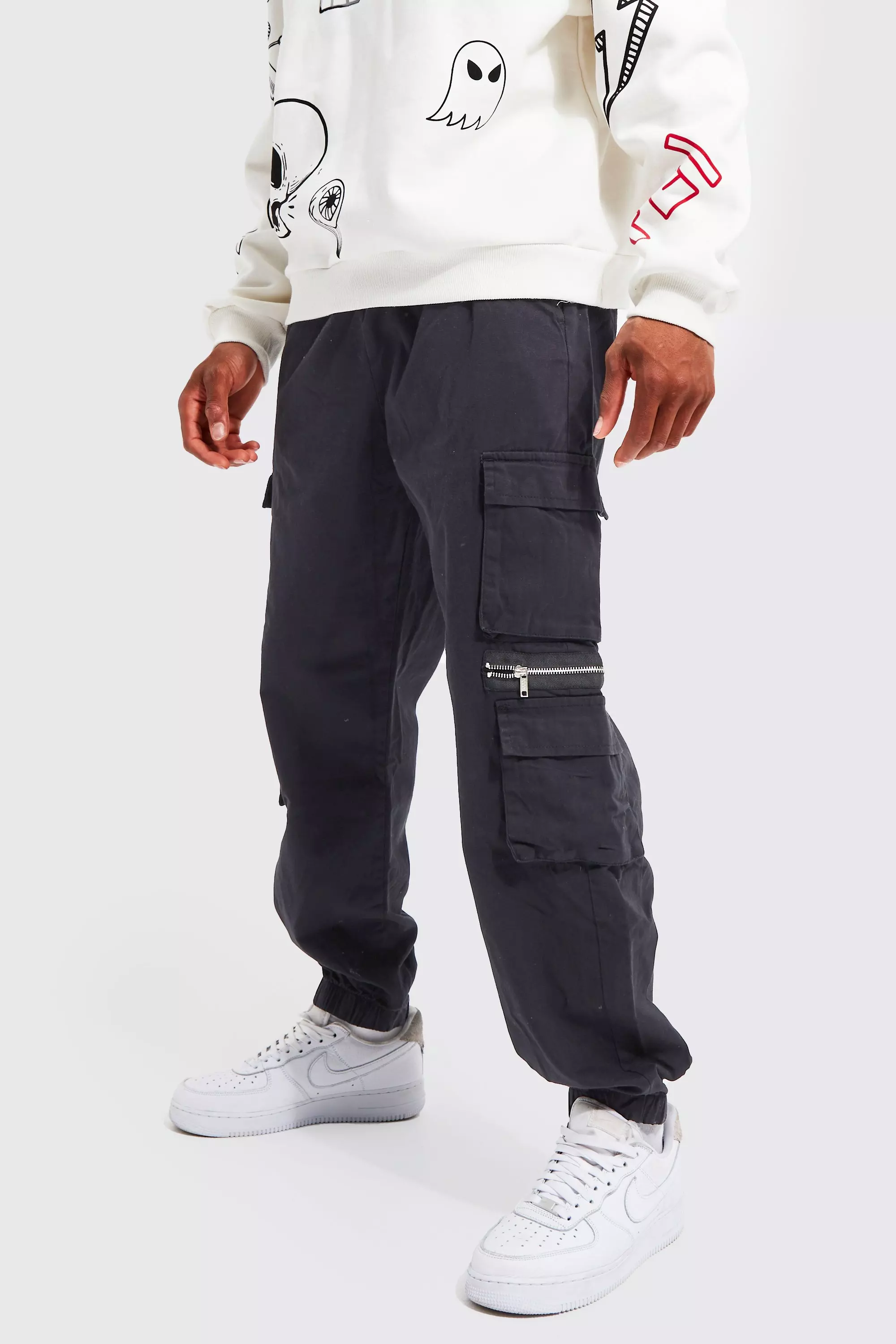 Elastic Waist Multi Pocket Zip Cargo Pants | boohooMAN USA