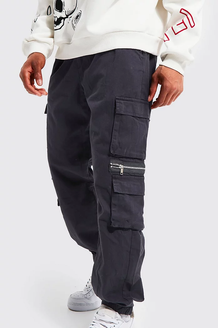 Elastic Waist Multi Pocket Zip Cargo Pants
