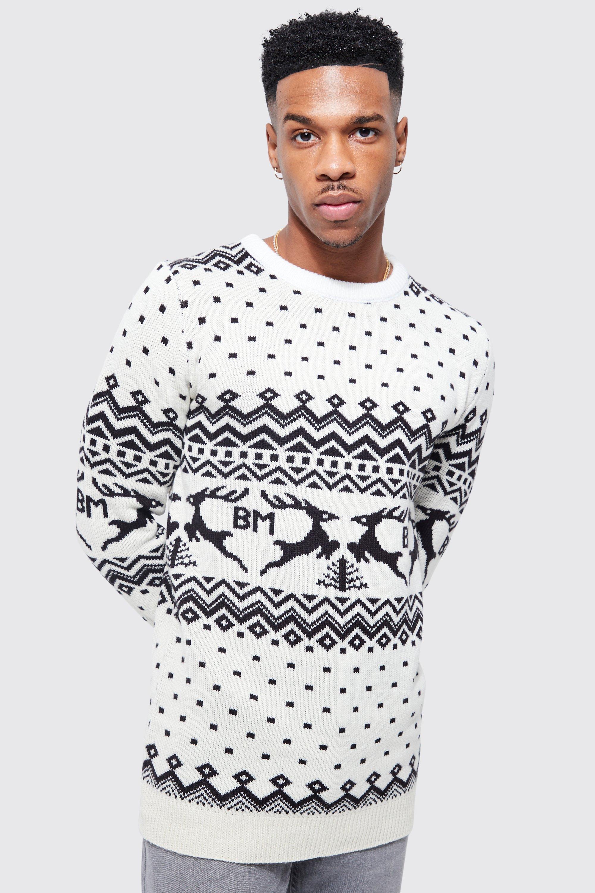 Mens White Reindeer Christmas Jumper, White