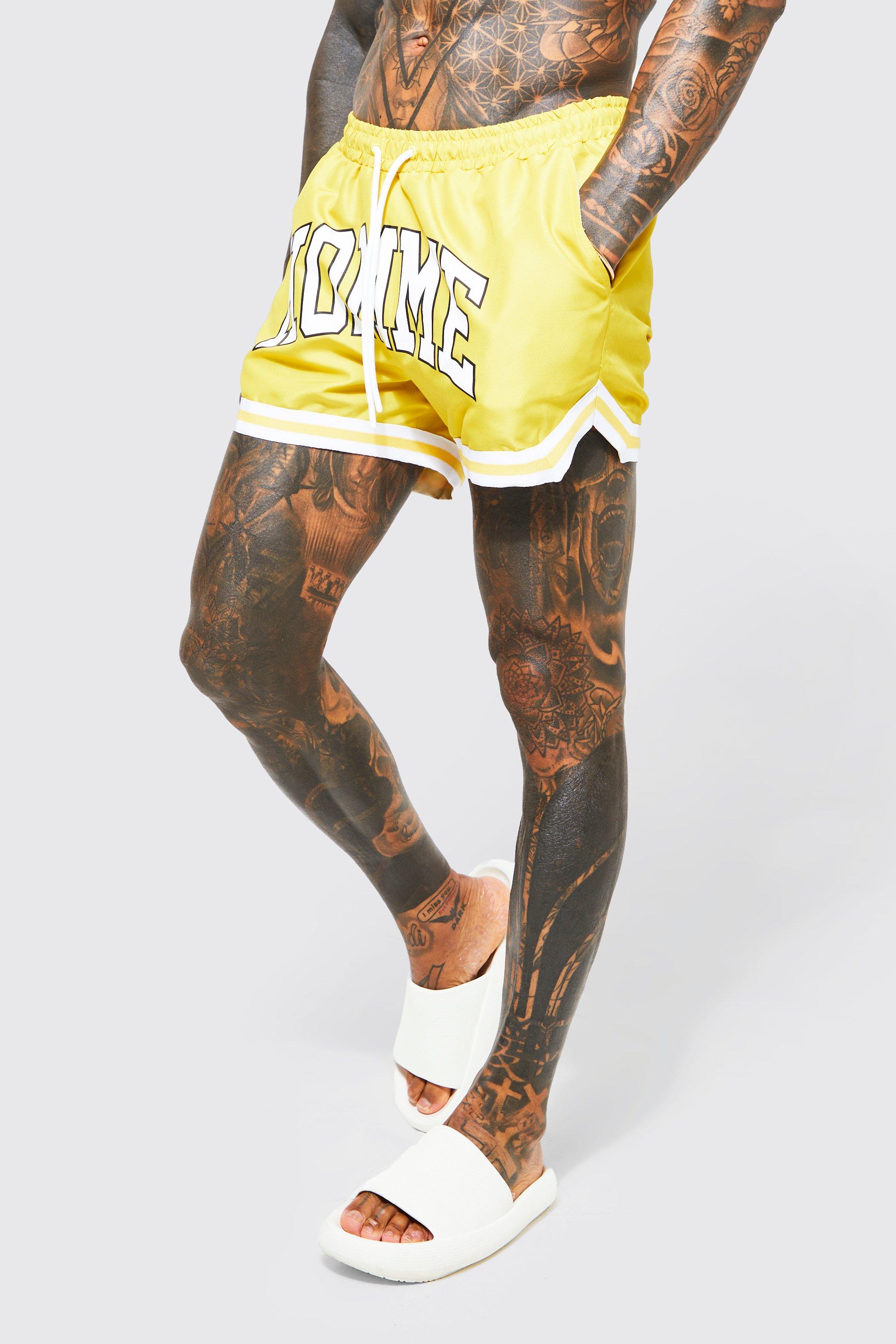 Mens Yellow Short Length Varsity Swim Shorts, Yellow