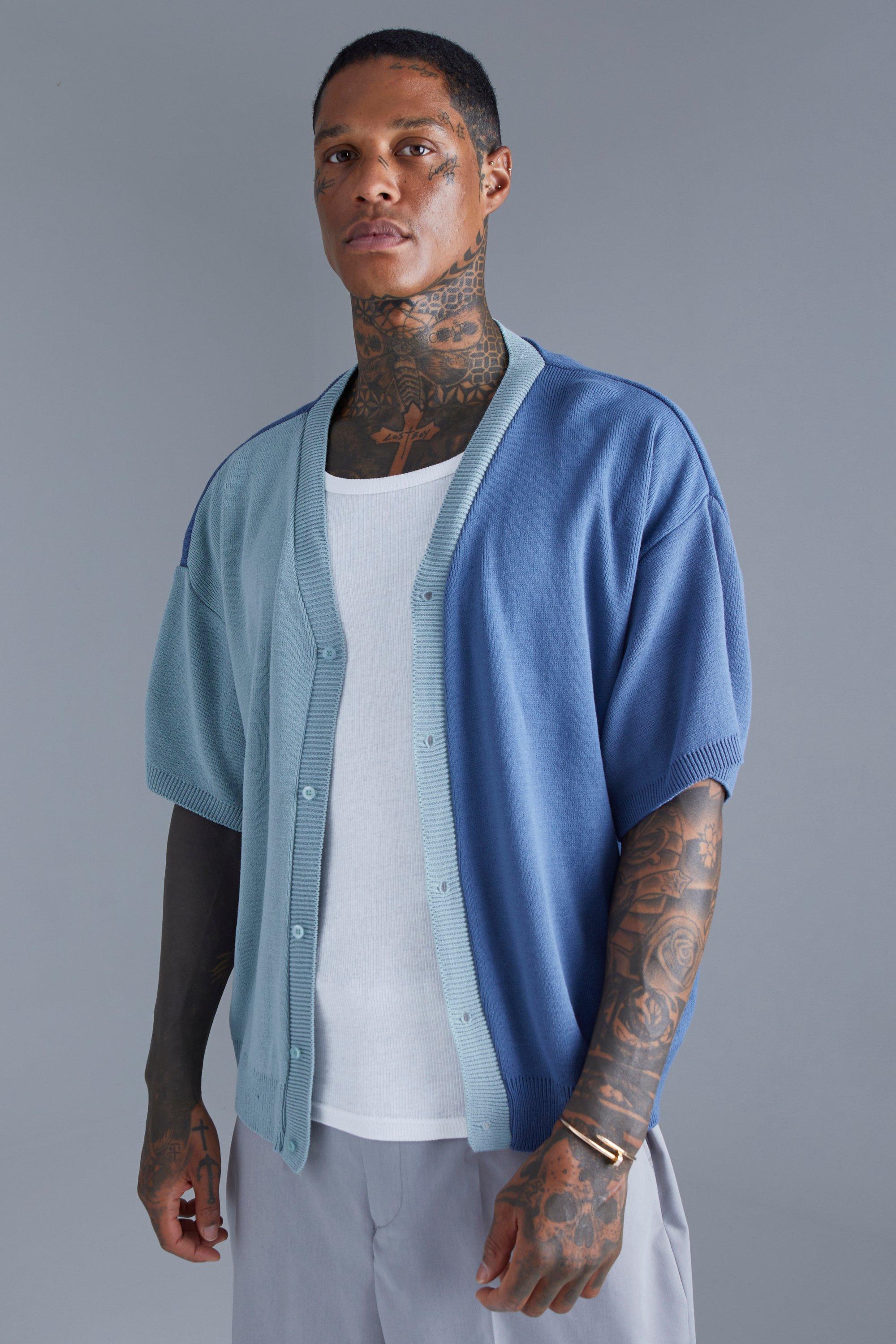 Mens Blue Spliced Short Sleeve Knitted Shirt, Blue