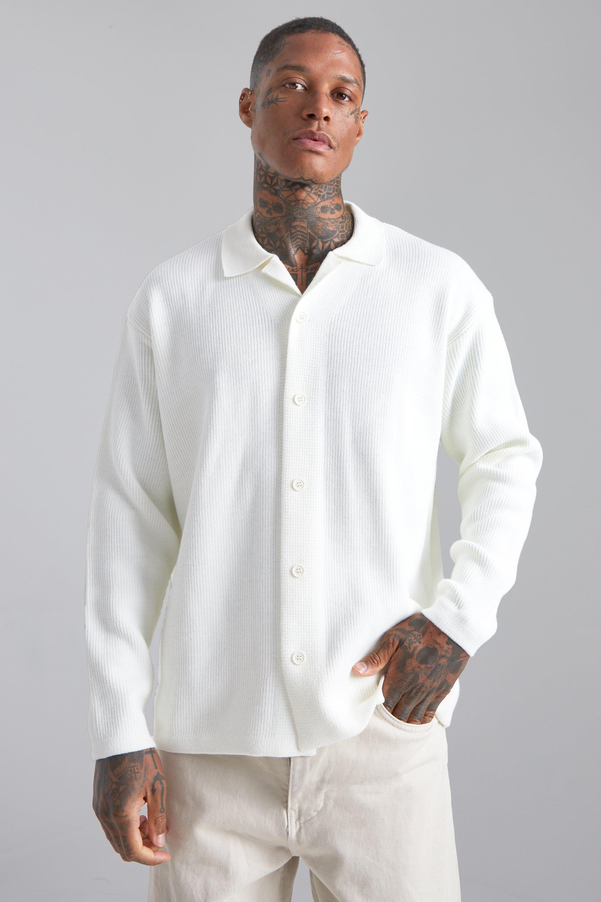 Mens Cream Long Sleeve Knitted Pleated Revere Shirt, Cream