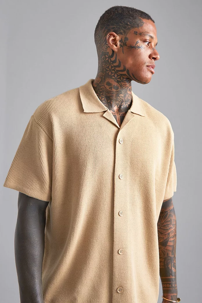 Short Sleeve Knitted Pleated Revere Shirt | boohooMAN USA
