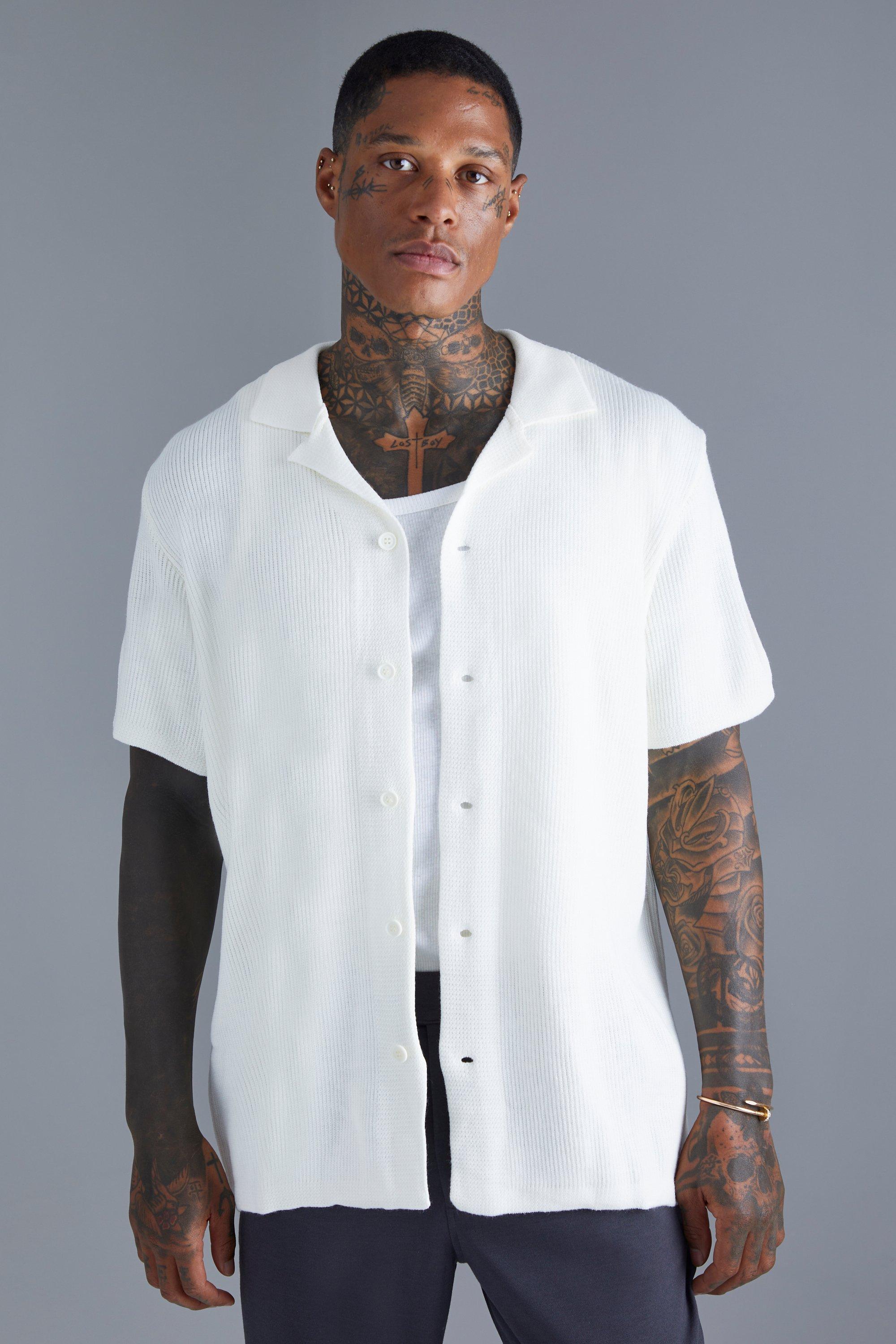 Mens Cream Short Sleeve Knitted Pleated Revere Shirt, Cream