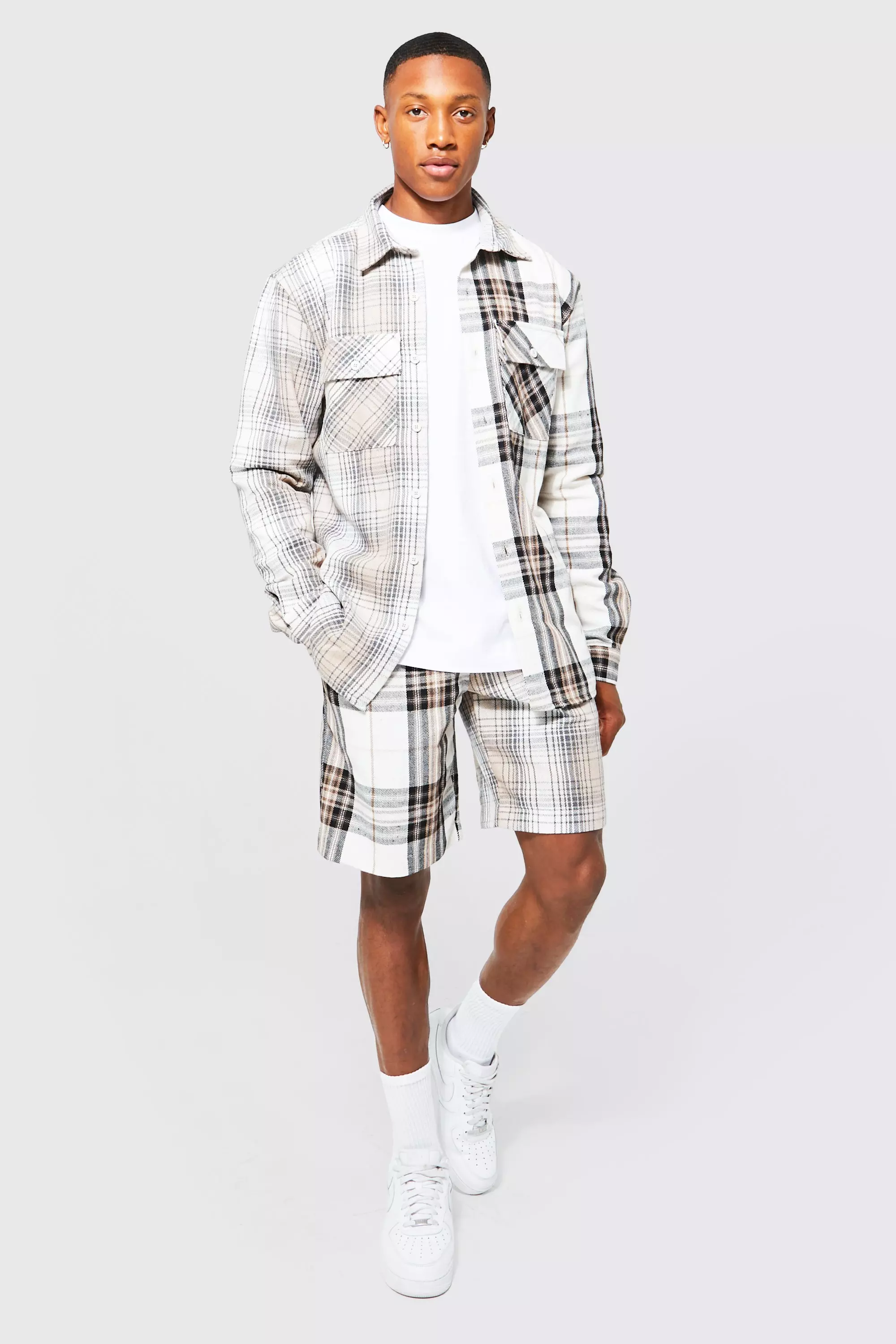 Spliced Check Flannel Overshirt And Short Set | boohooMAN USA