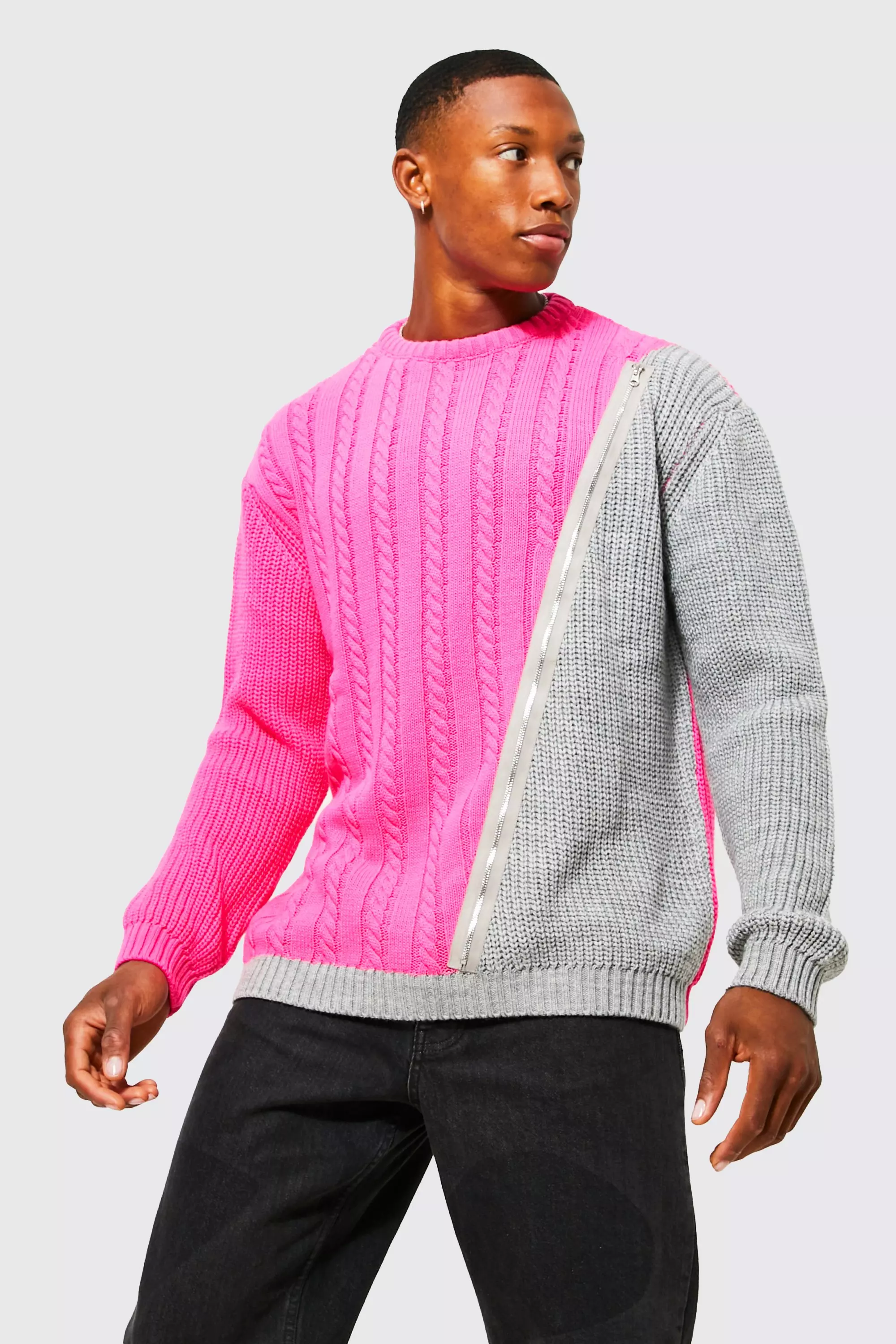 Spliced Mixed Stitch Knitted Jumper With Zip | boohooMAN