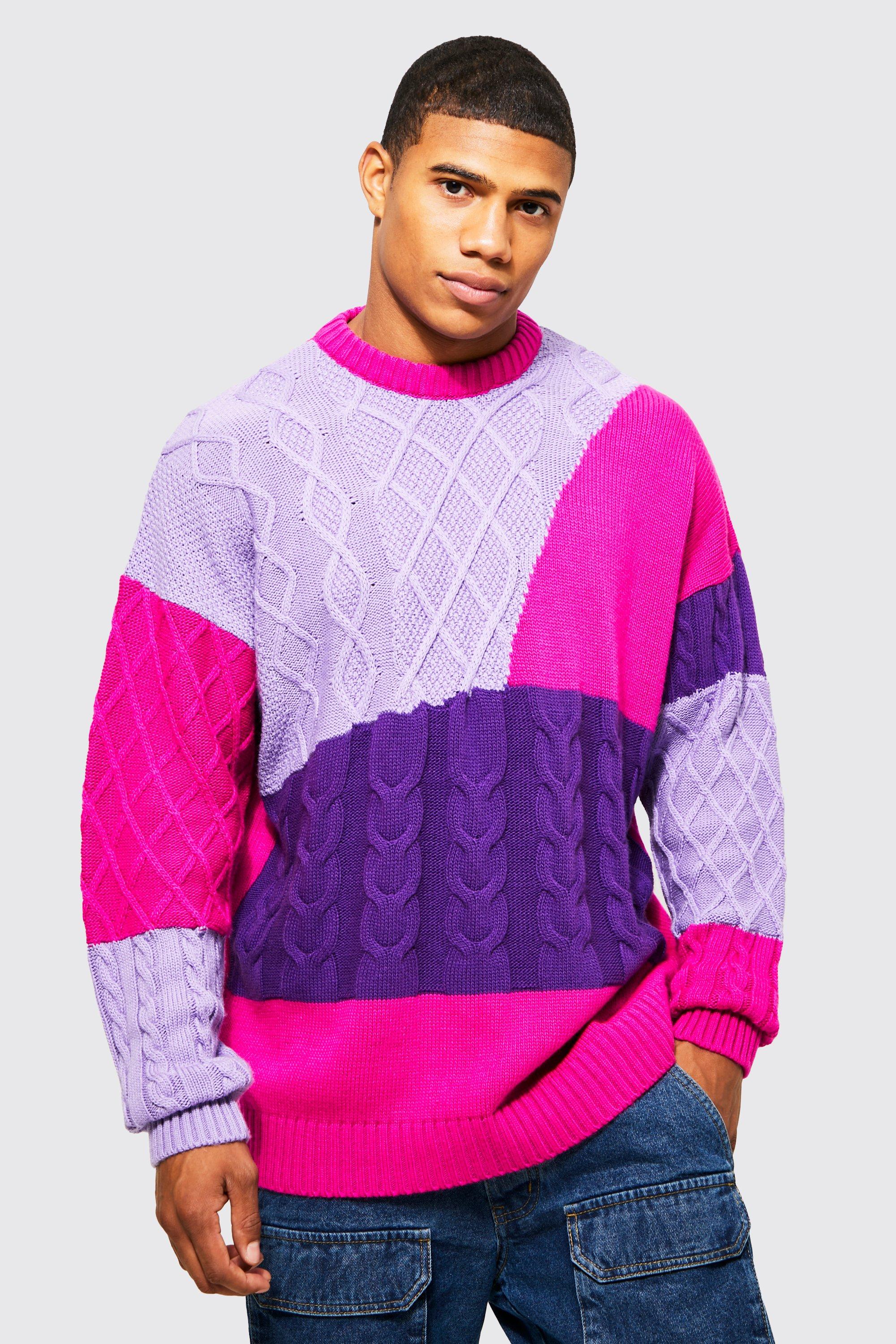 80s Mens Sweaters, Sweatshirts, Knitwear Mens Patchwork Mixed Stitch Sweater - Purple - M $50.00 AT vintagedancer.com