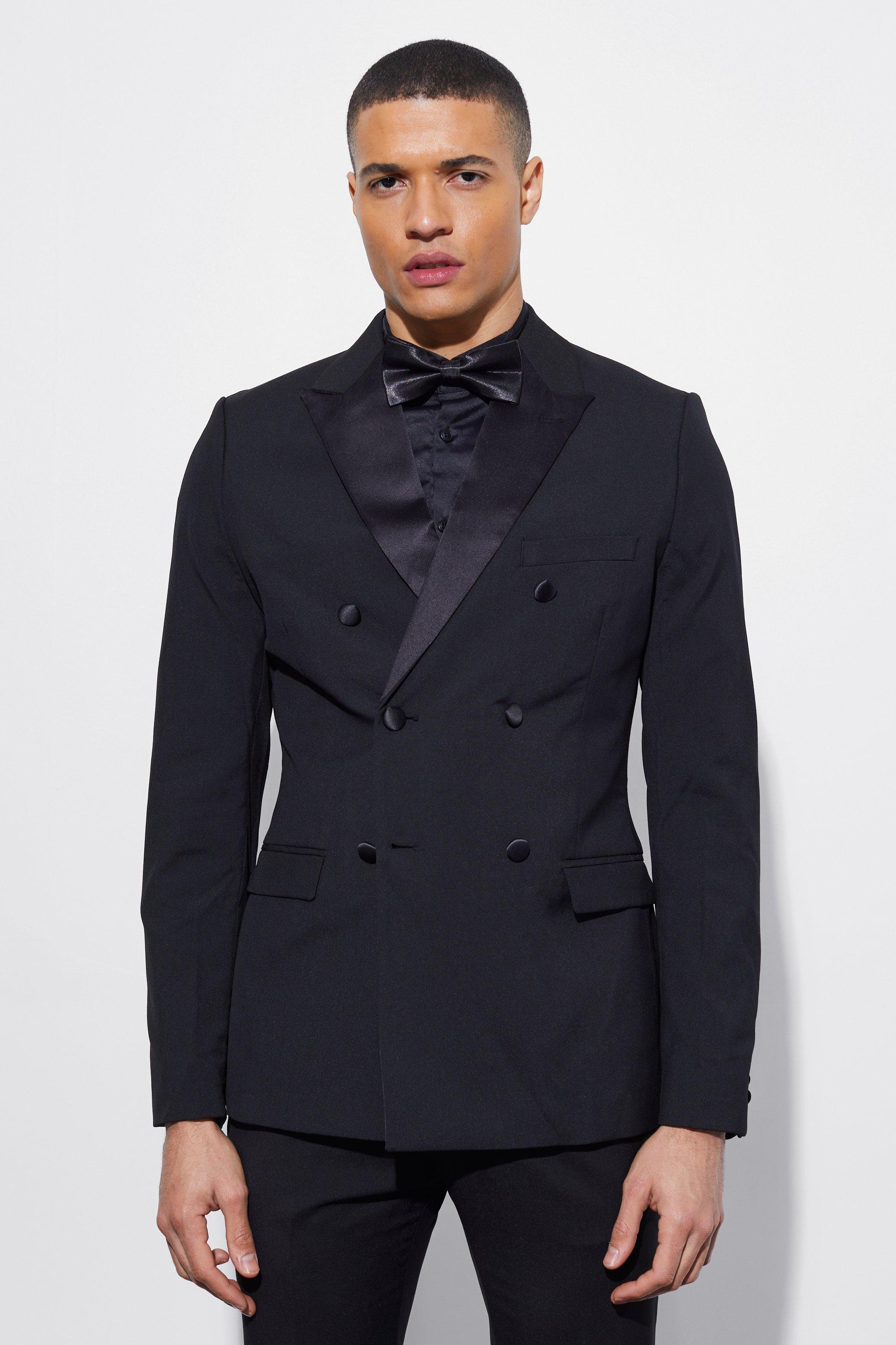 mens black skinny tuxedo double breasted suit jacket, black
