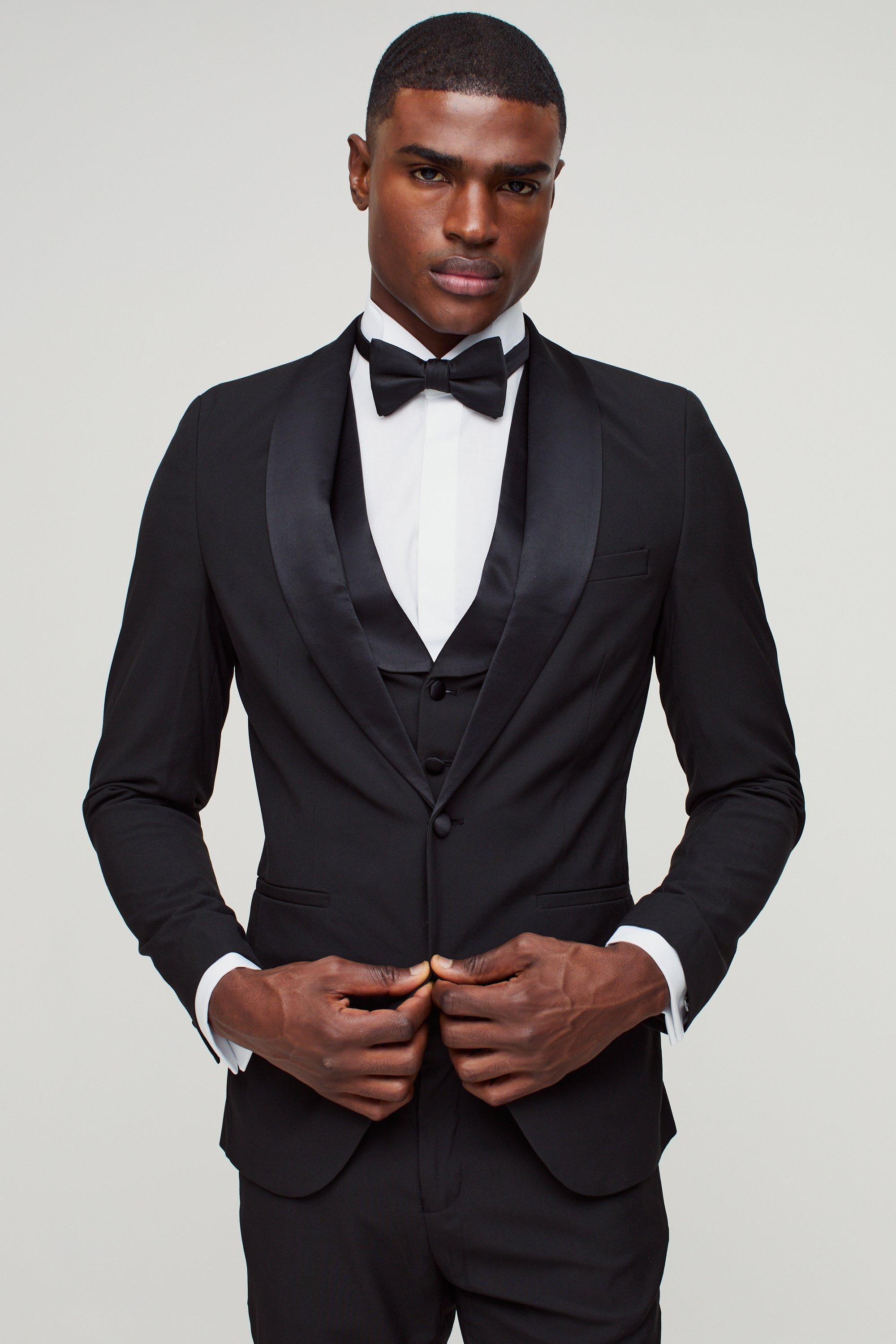 Mens Black Skinny Tuxedo Single Breasted Suit Jacket, Black