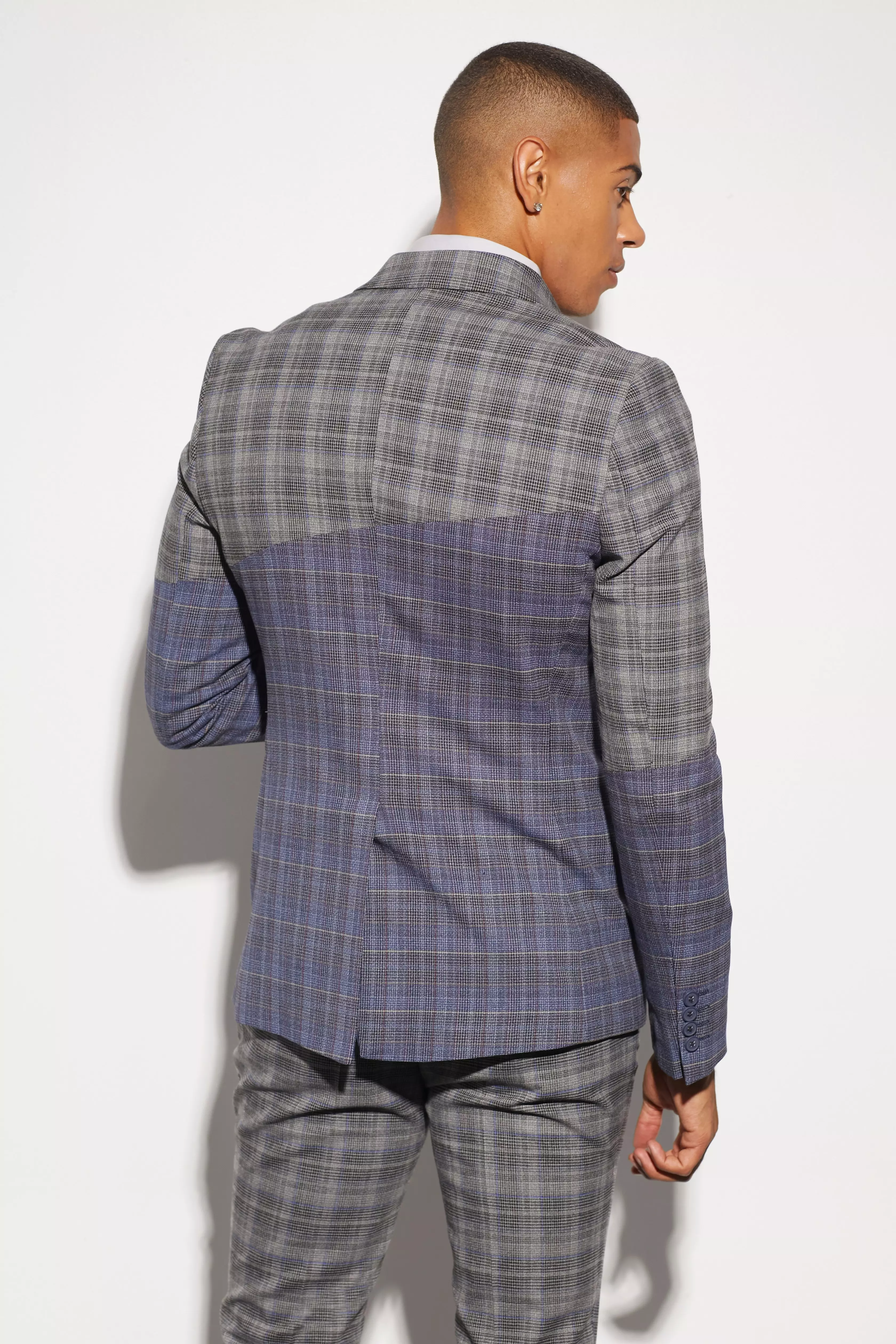 Skinny Diagonal Spliced Check Suit Jacket