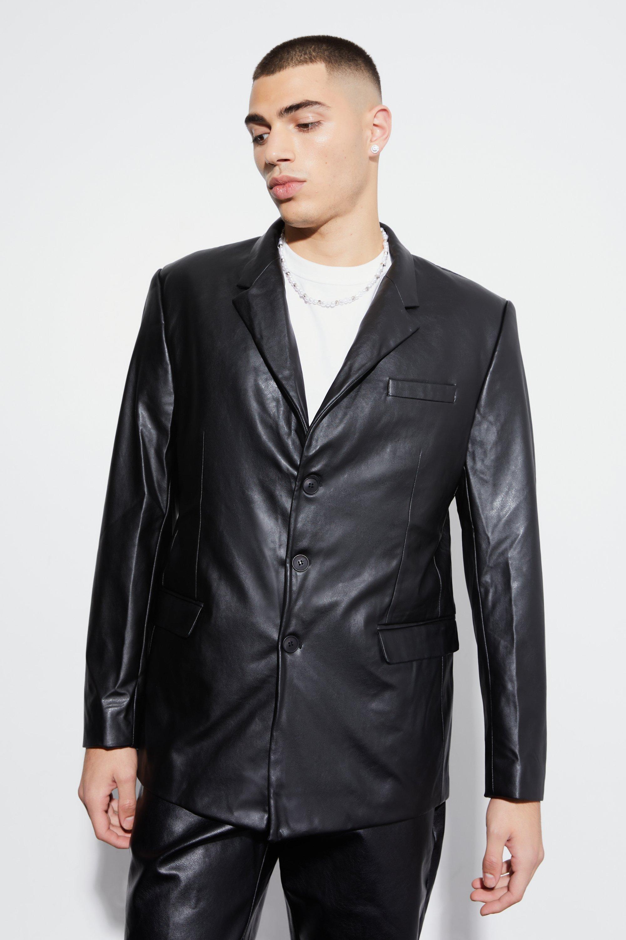 Mens Black Relaxed Fit Pu Suit Jacket, Black