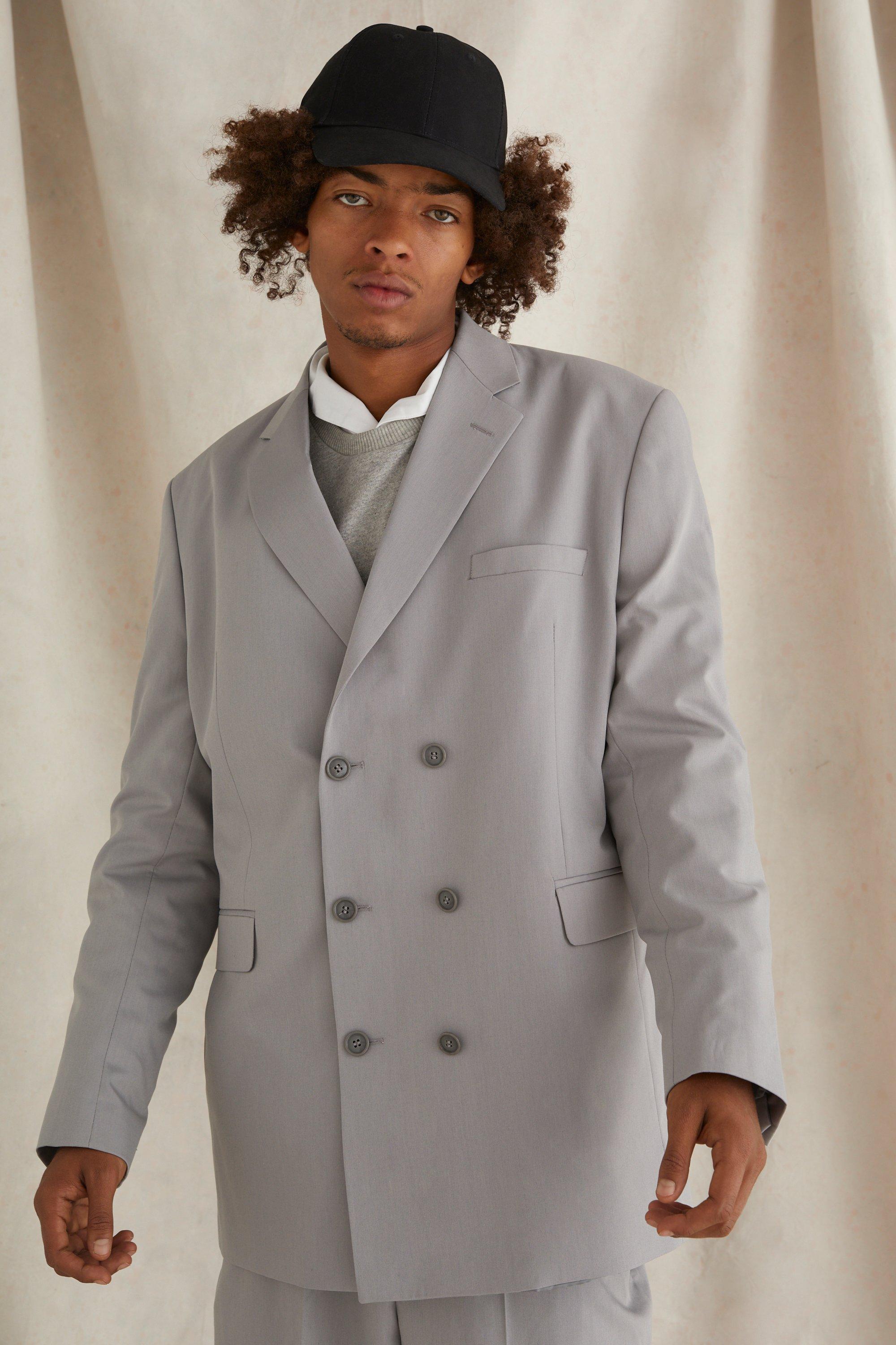 Mens Grey Double Breasted Oversized Blazer, Grey