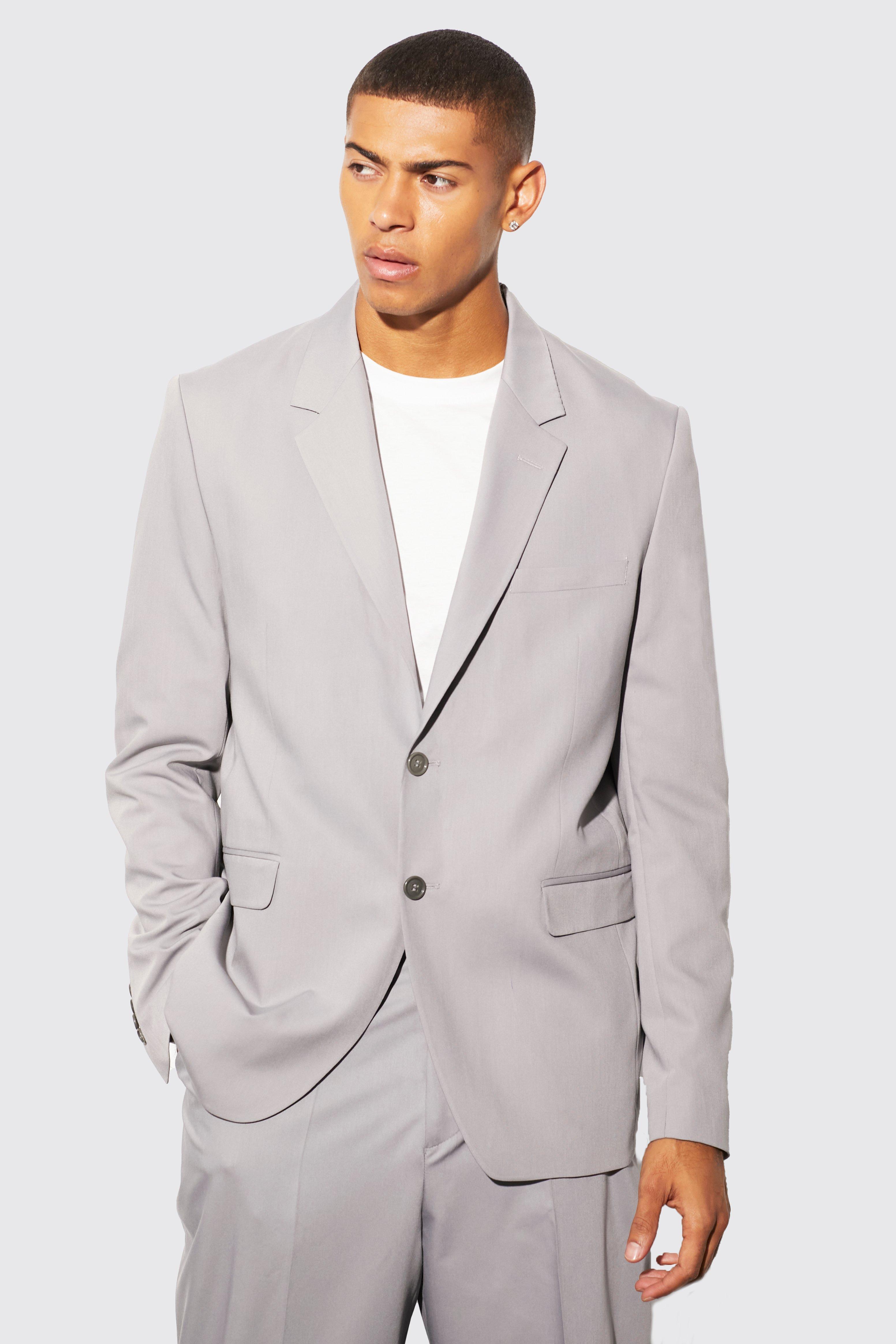 Mens Grey Relaxed Fit Single Breasted Suit Jacket, Grey