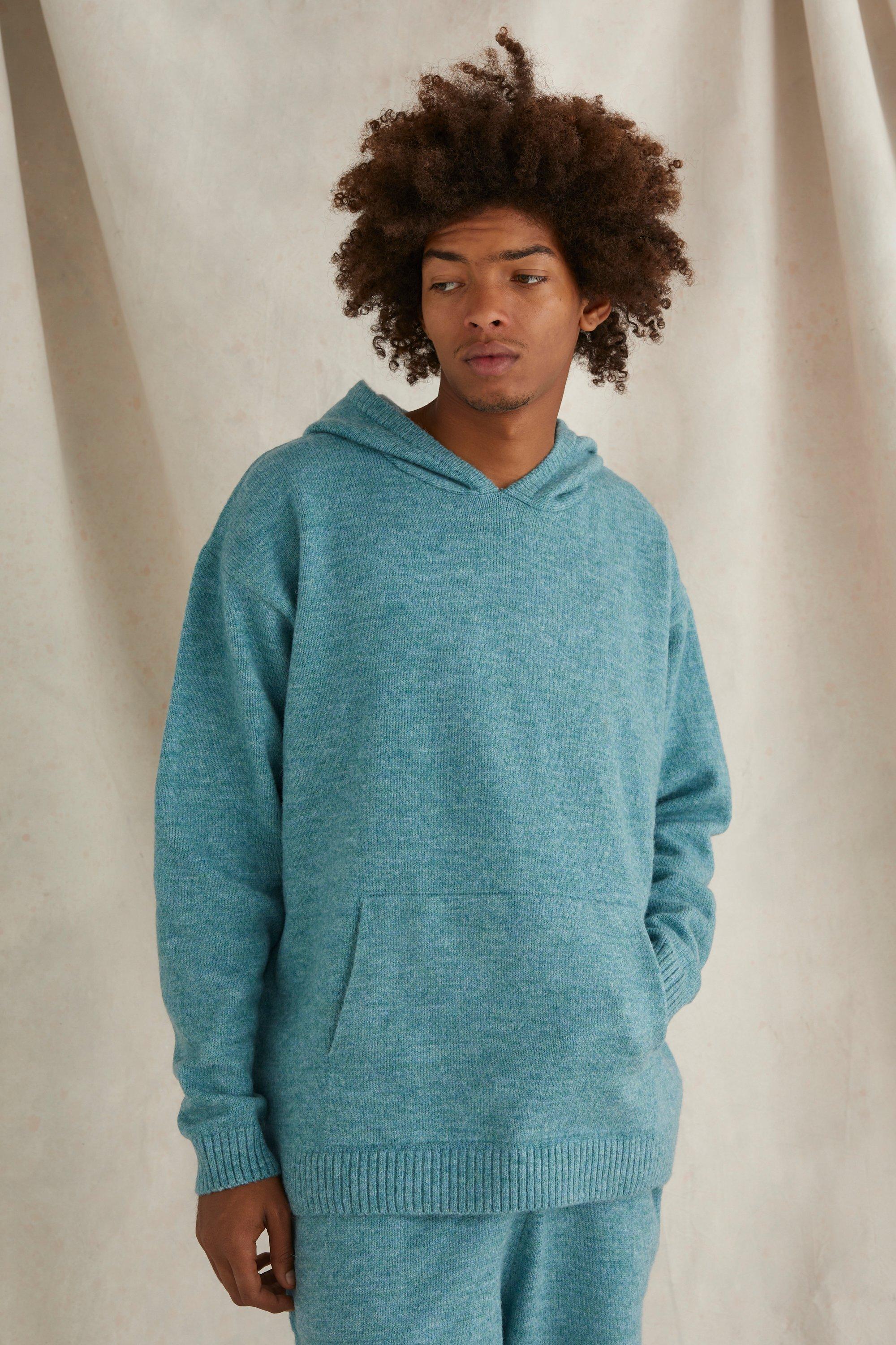 Mens Blue Oversized Brushed Knitted Hoodie, Blue