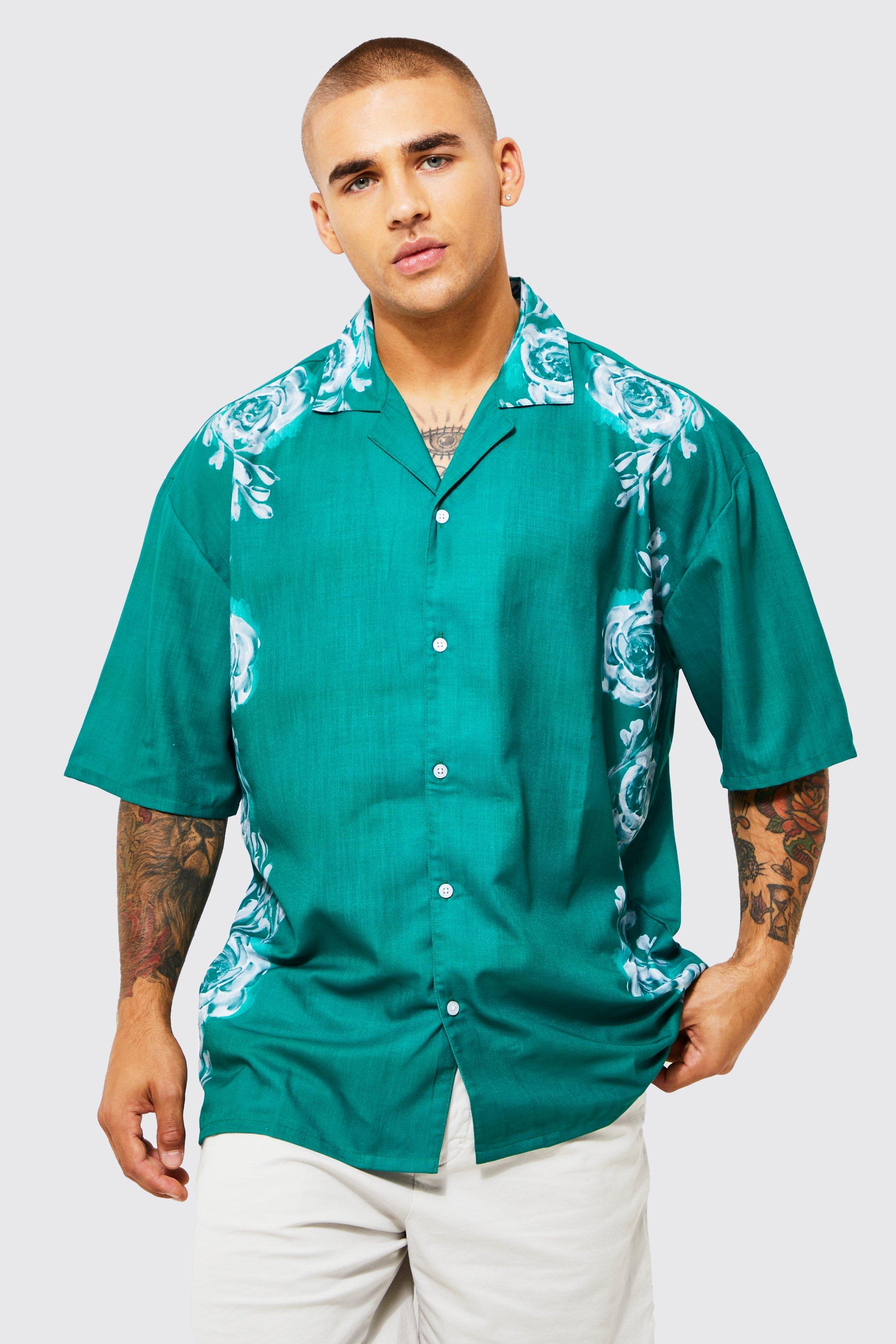 Men's Oversized Boxy Floral Placement Print Shirt - Green - L, Green