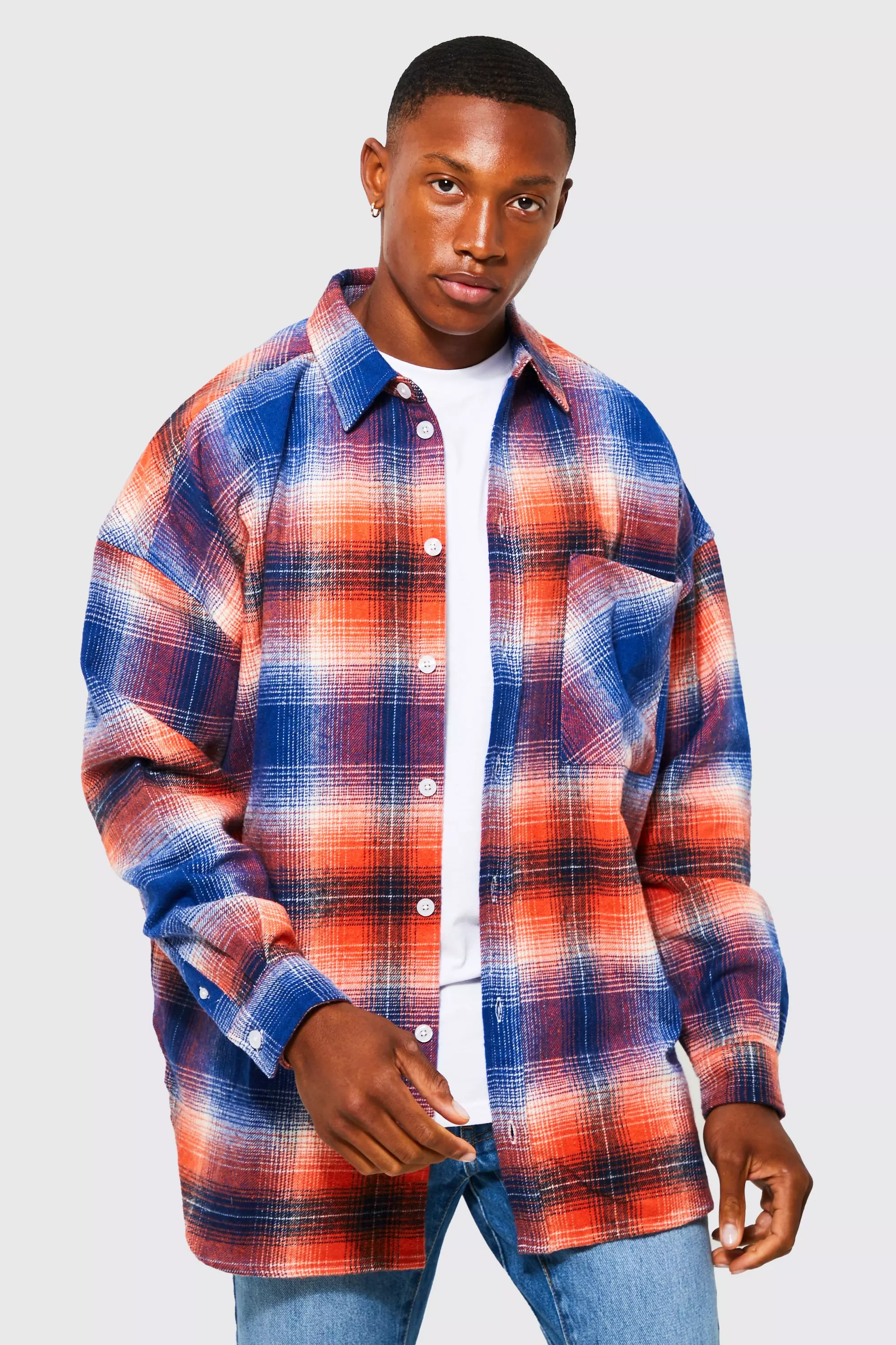 Heavyweight Brushed Check Overshirt Curve Hem | boohooMAN USA