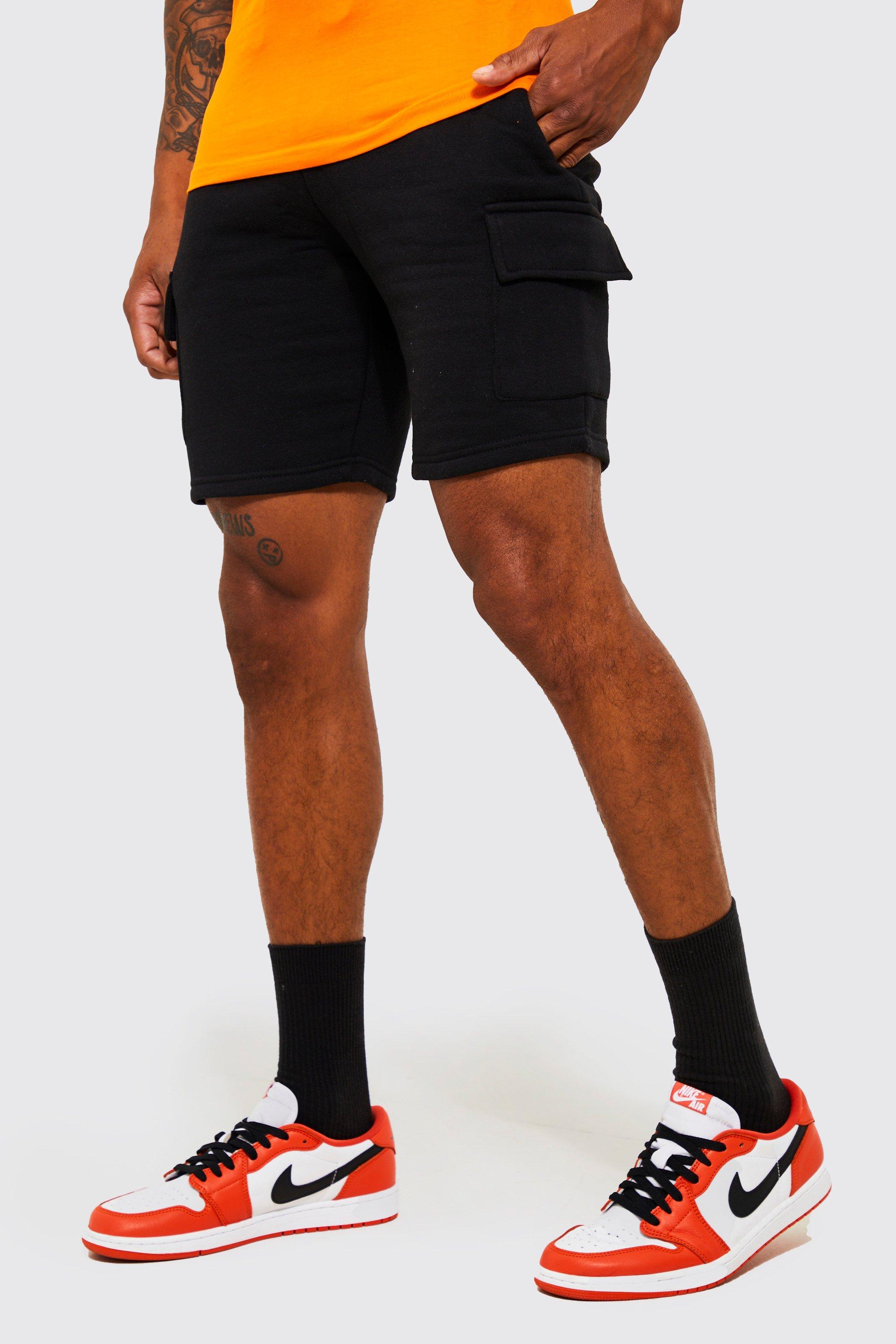 Image of Pantaloncini Cargo medi Slim Fit in jersey, Nero