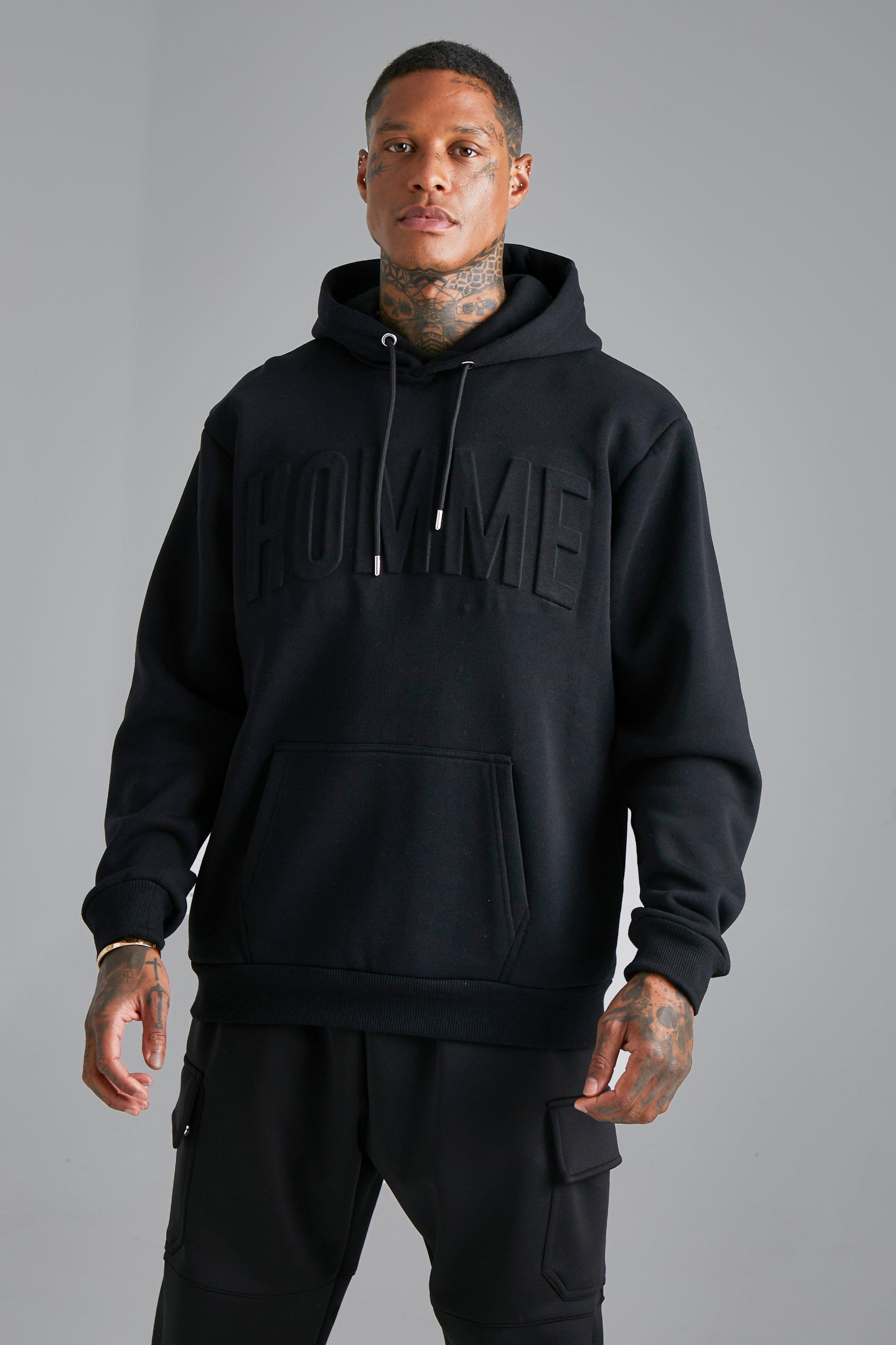 Mens Black Oversized Debossed Homme Hoodie, Black