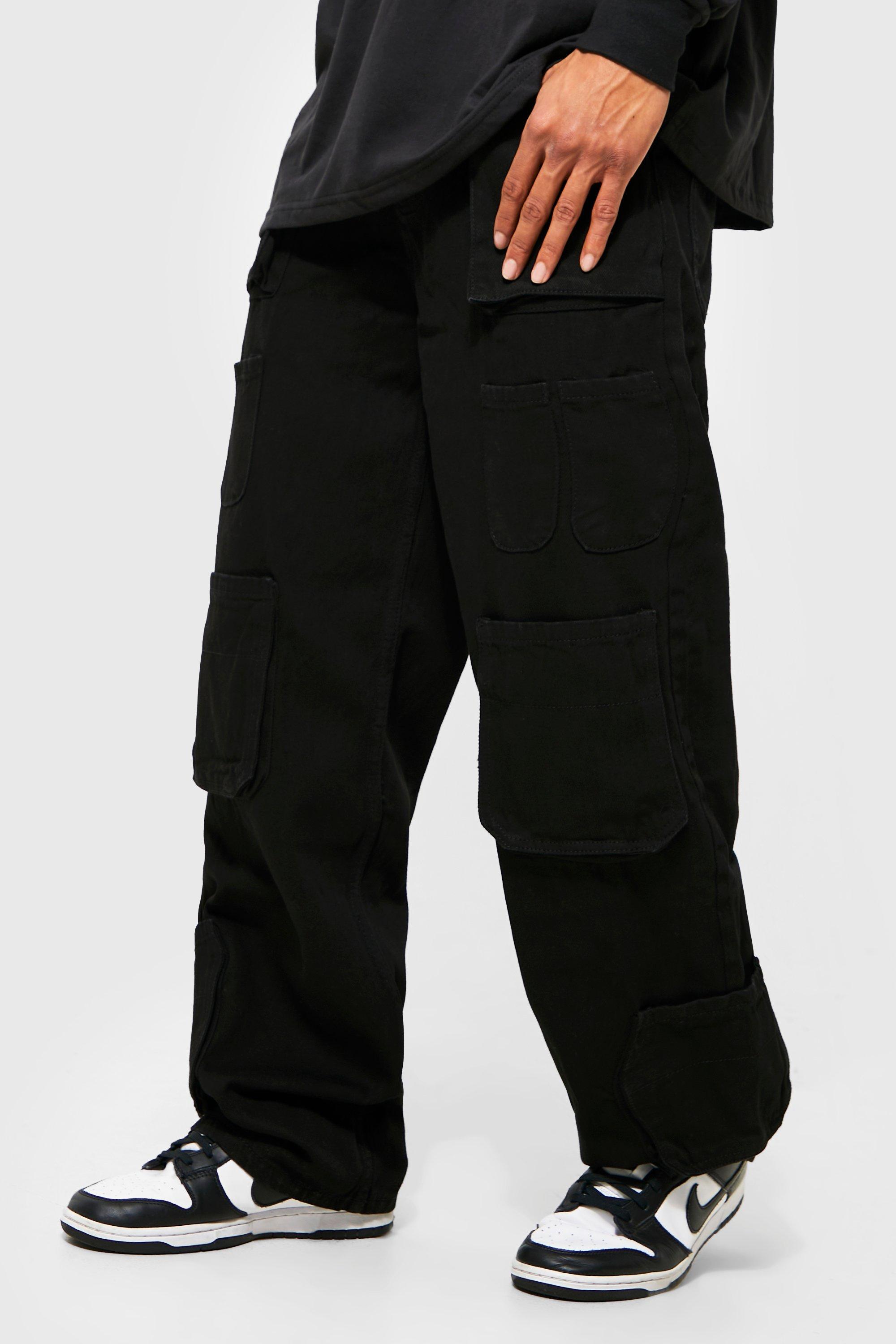 Mens Black Baggy Fit Multi Cargo Pocket Jeans, Black