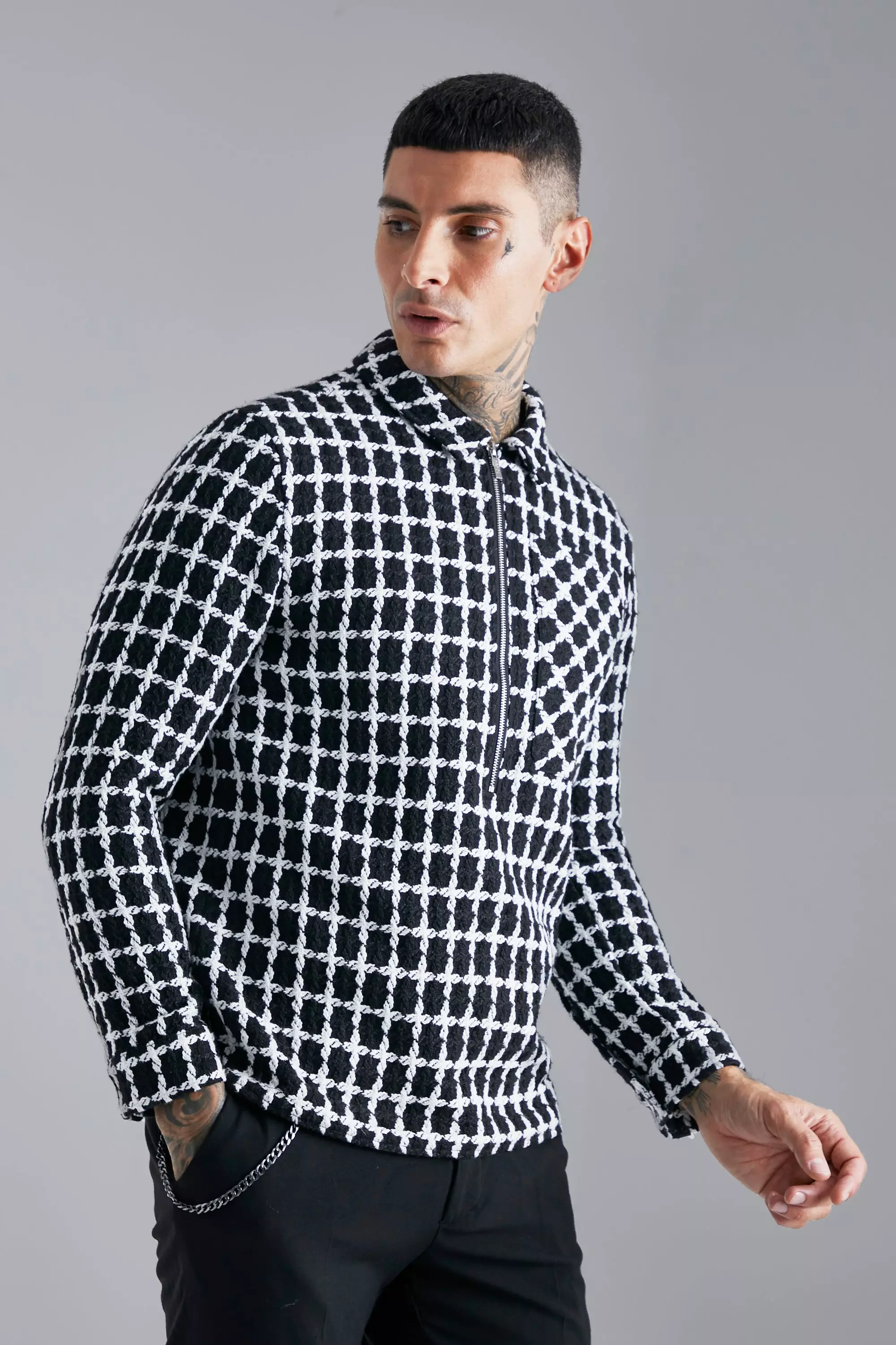 Half Zip Heavyweight Boucle Check Overshirt | boohooMAN USA