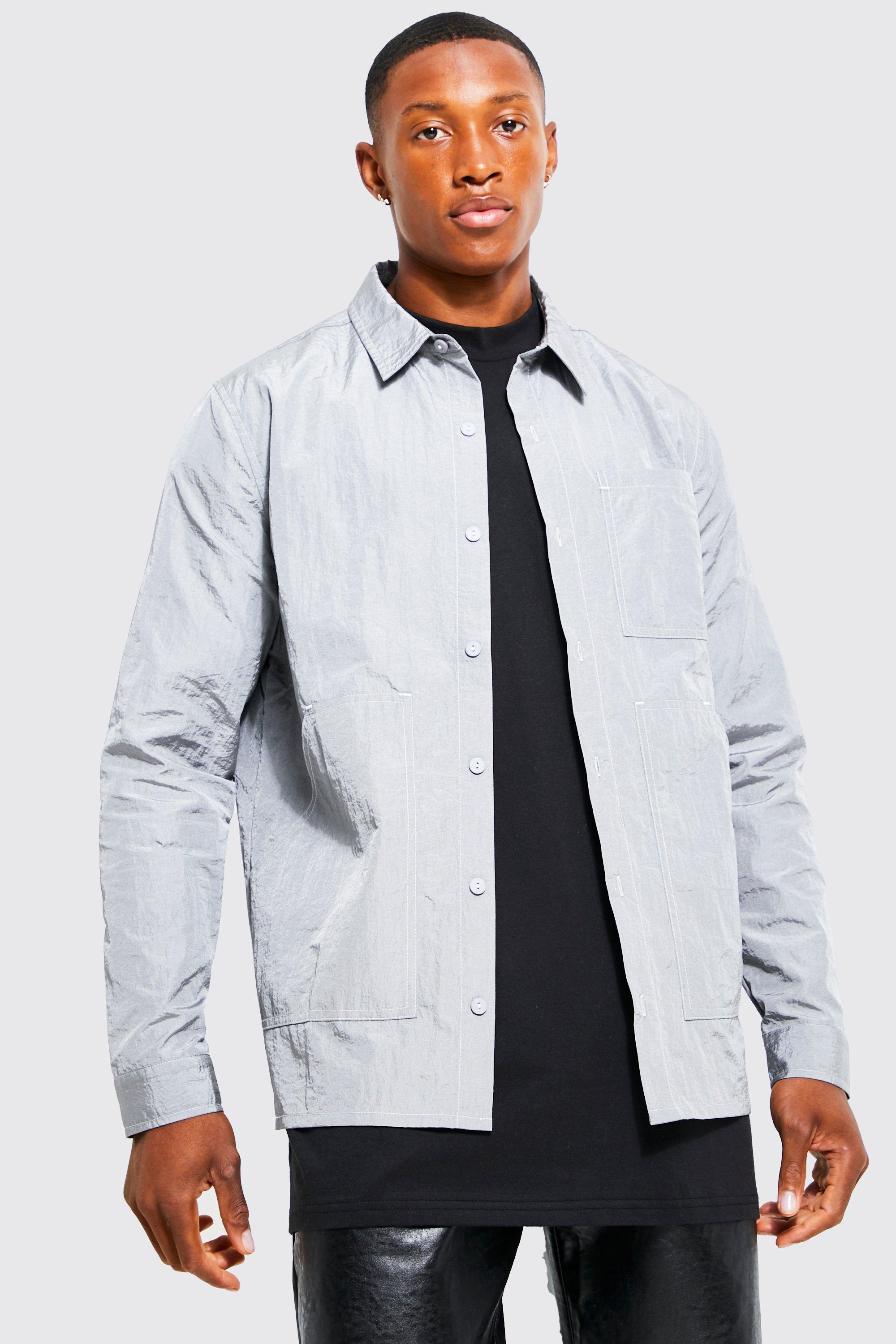 Mens Grey Nylon Workwear Overshirt With Contrast Stitch, Grey