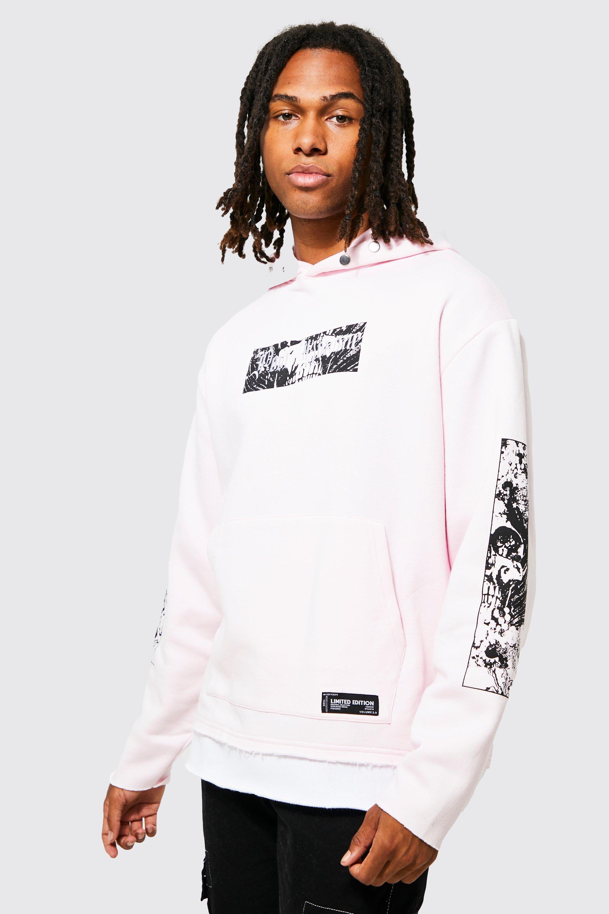 Mens Pink Oversized Faux Layer Graphic Hoodie, Pink