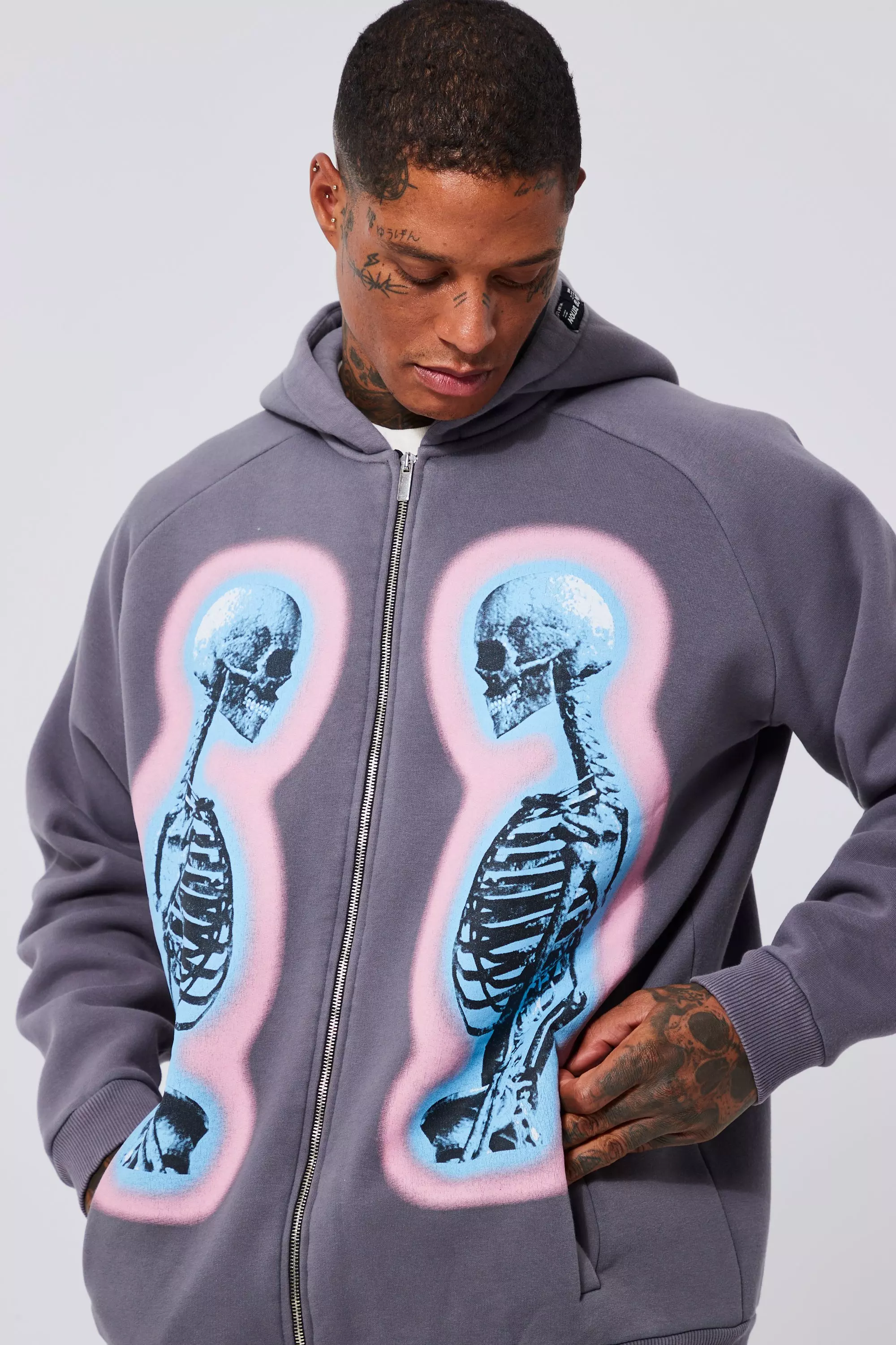 Oversized Washed Zip Through Graphic Hoodie