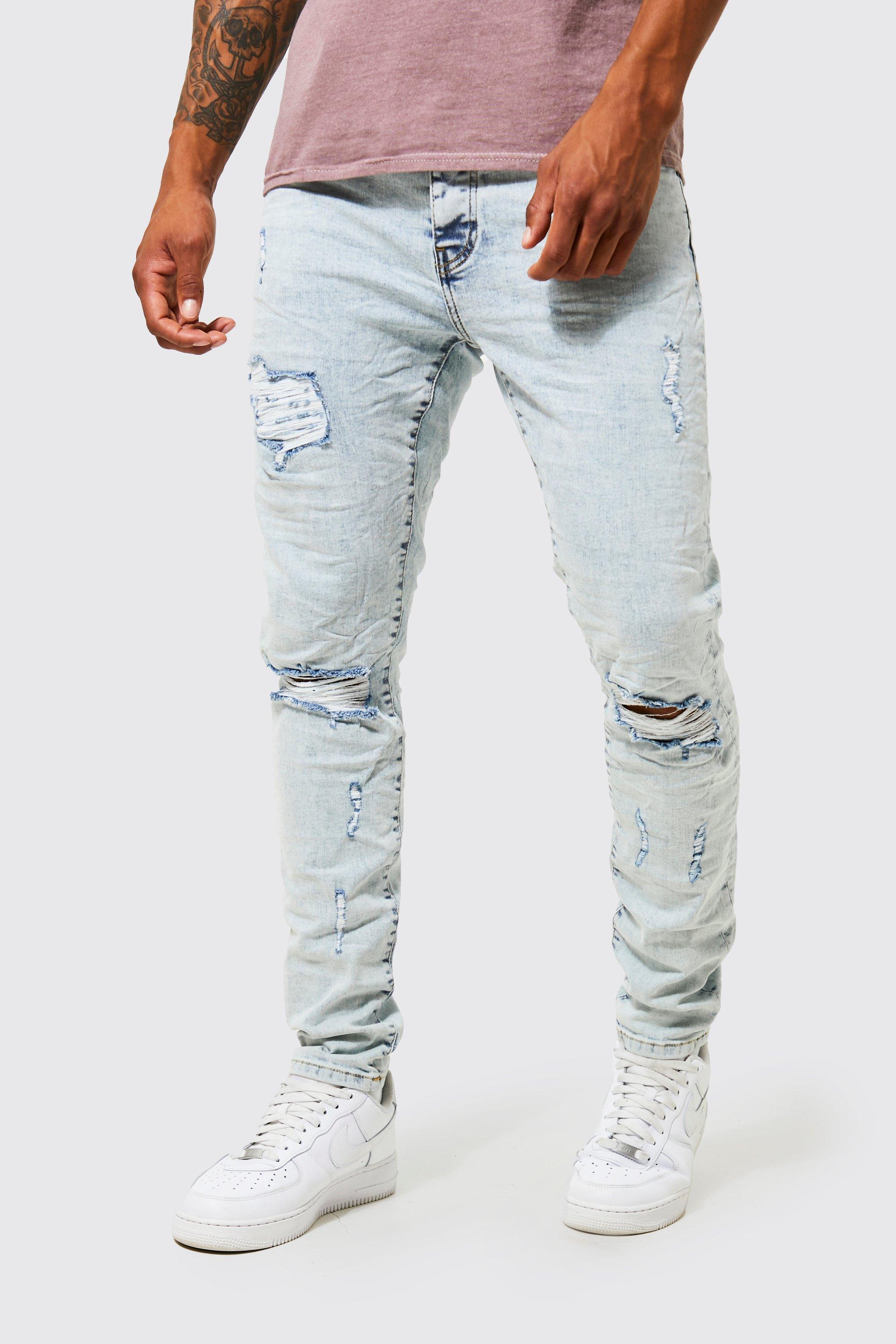 Mens Blue Skinny Stretch Ripped Knee Crinkle Jeans, Blue