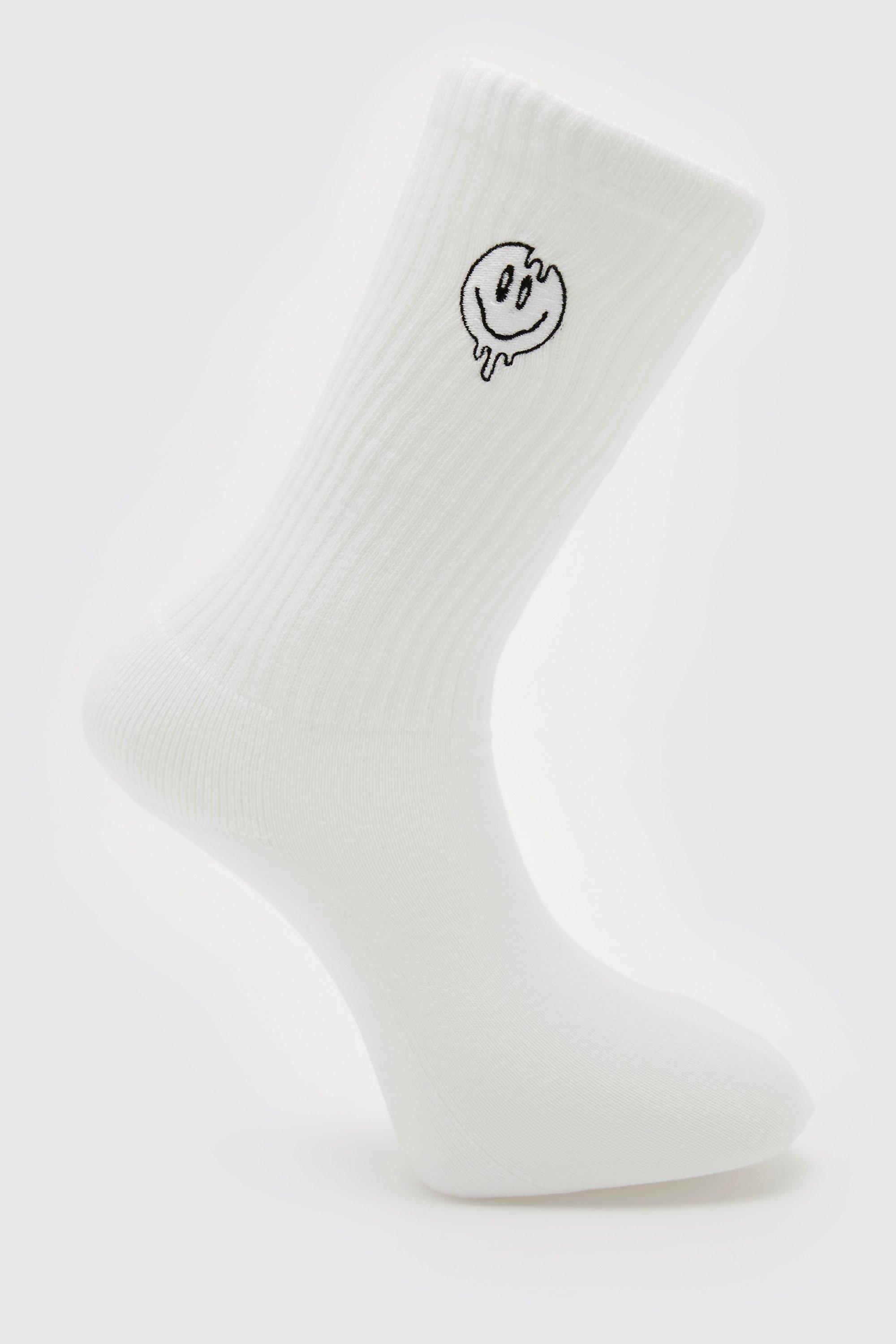 Mens White 1 Pack Embroidered Trippy Face Sock, White