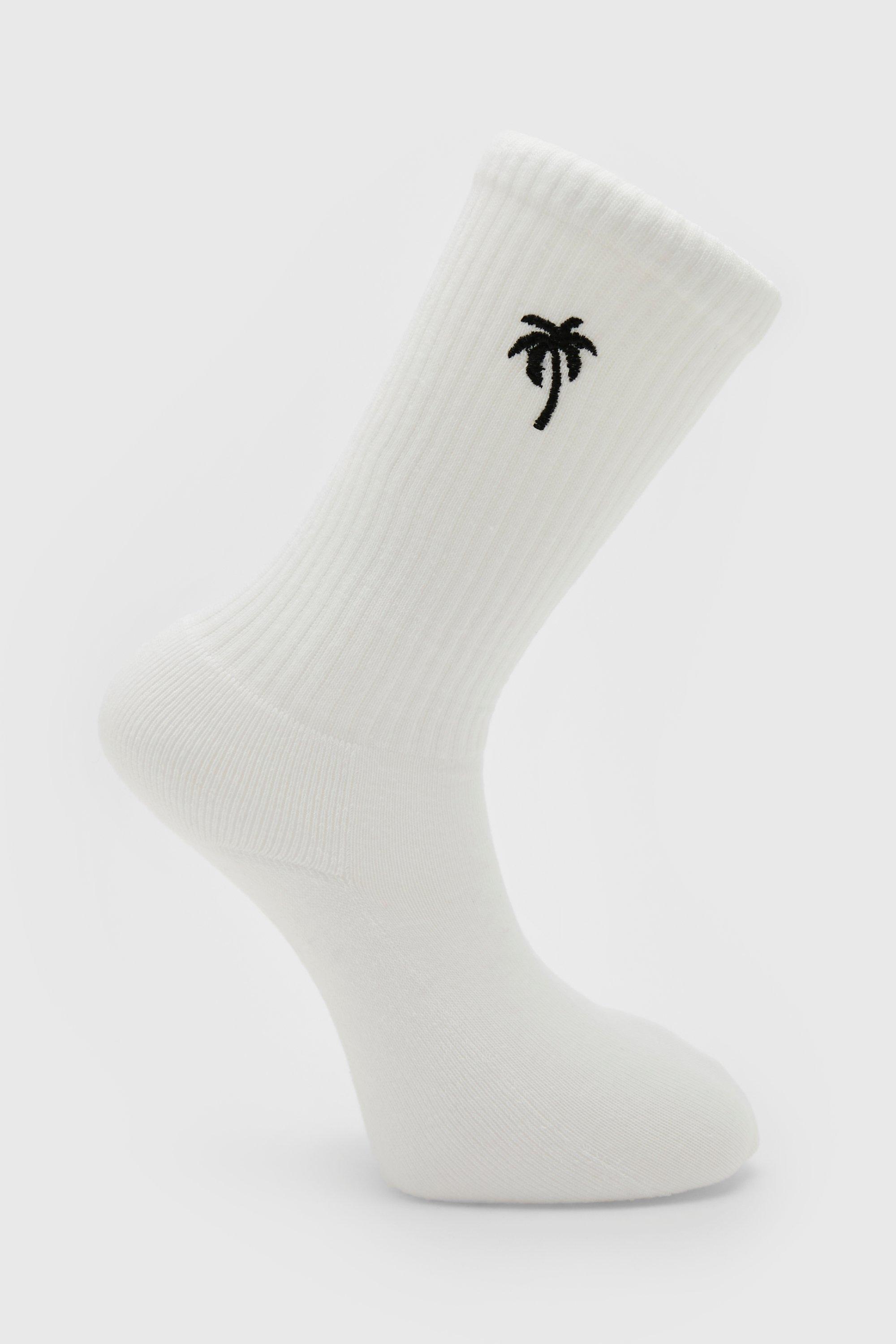 Mens White 1 Pack Embroidered Palm Tree Sock, White