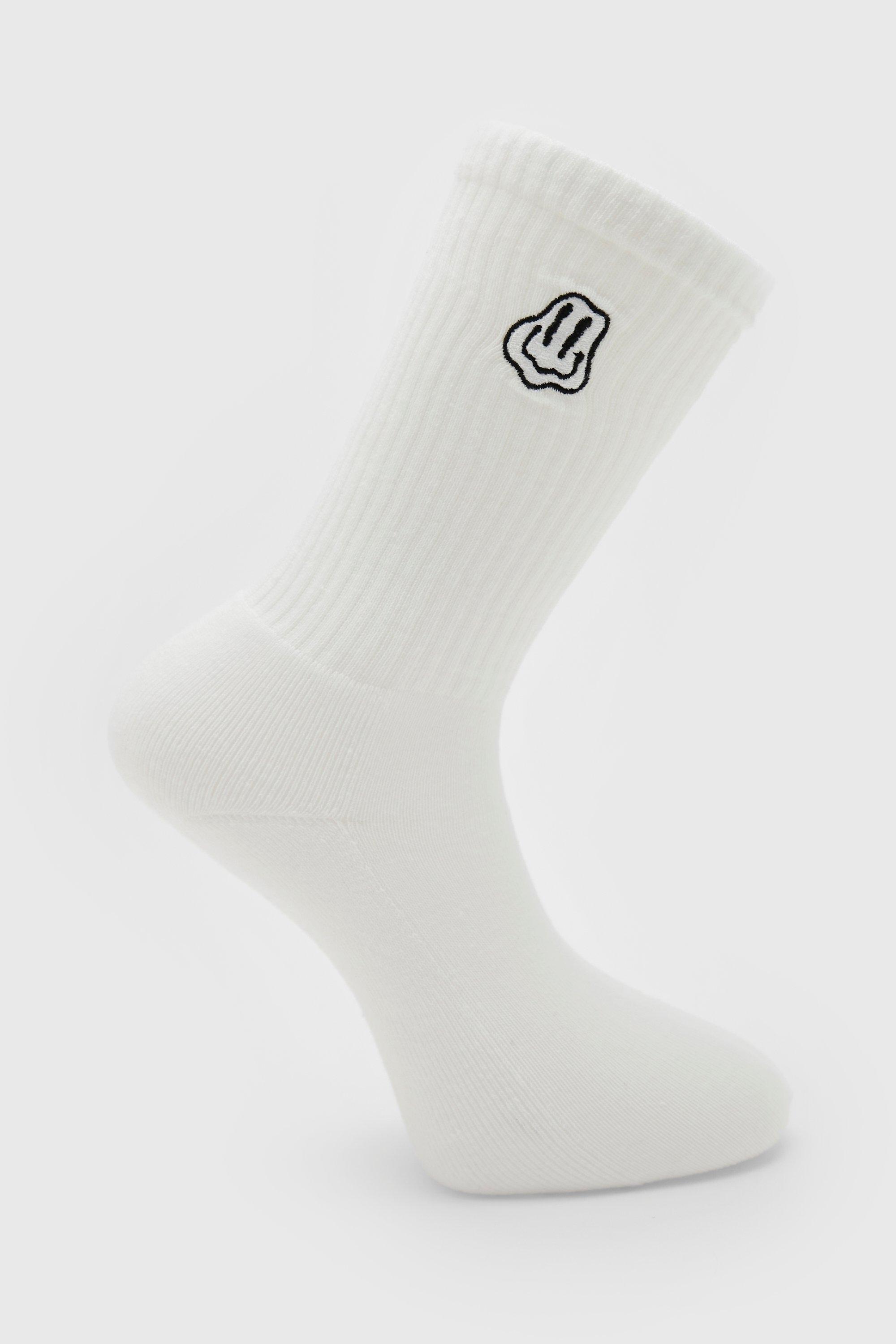 Mens White 1 Pack Embroidered Drip Face Sock, White