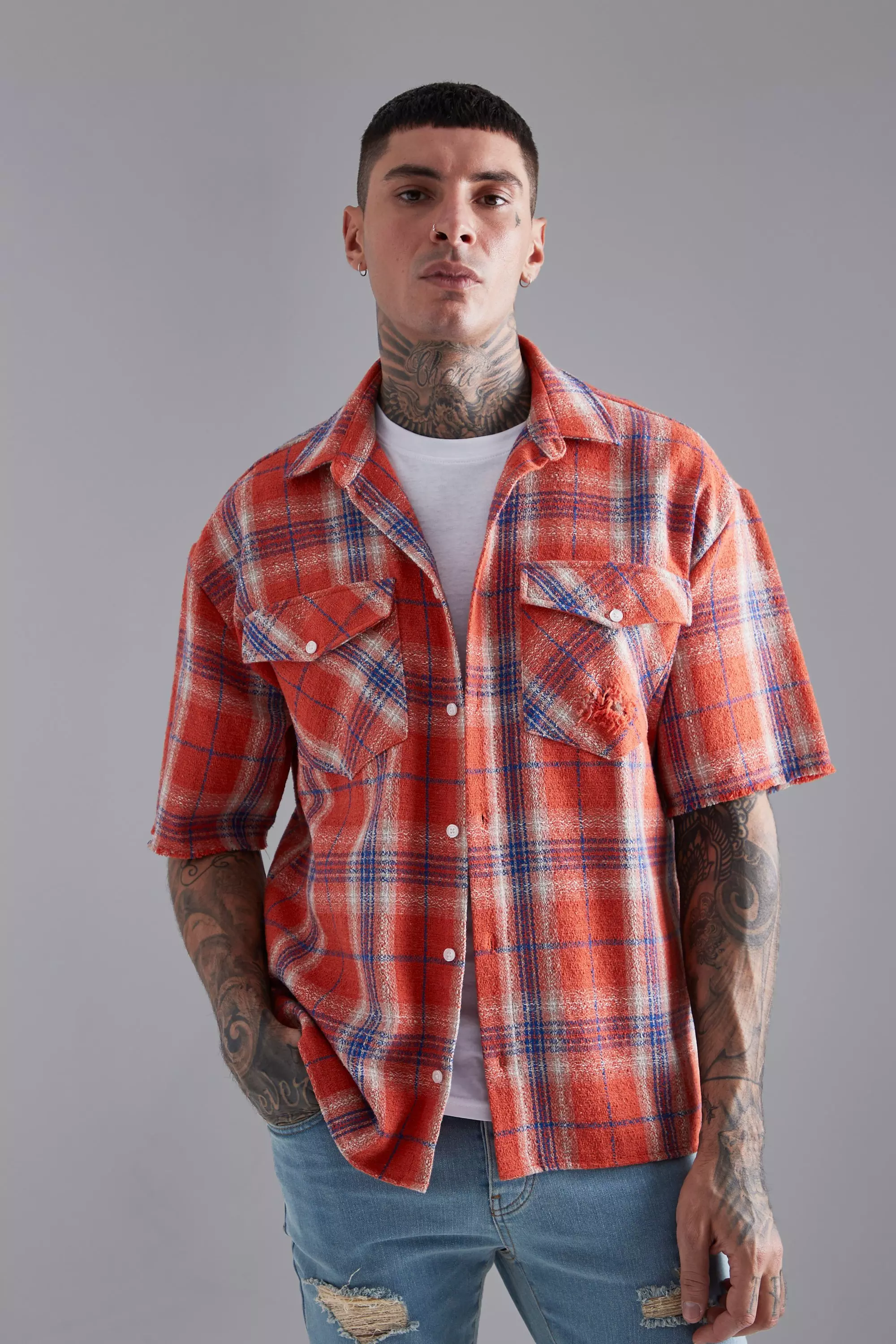 Short Sleeve Boxy Oversized Boucle Check Shirt | boohooMAN USA