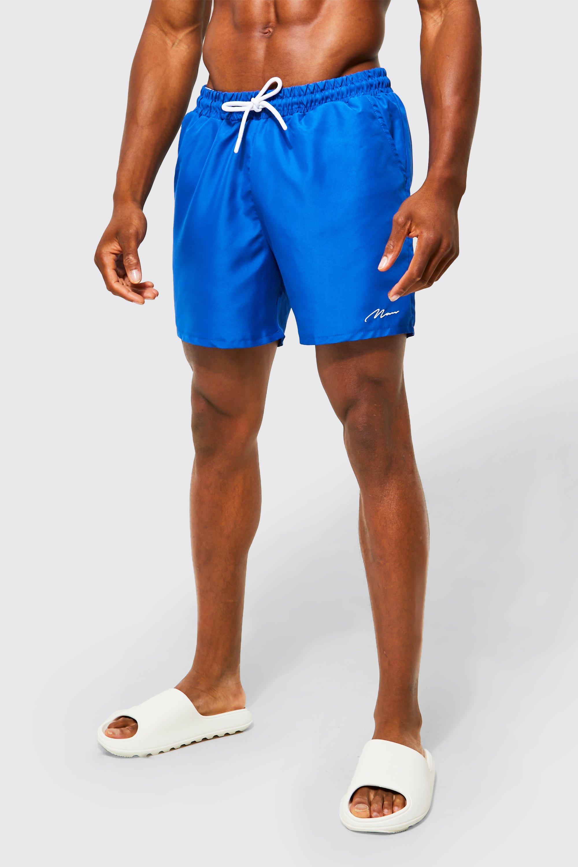 Mens Blue Man Signature Mid Length Swim Shorts, Blue