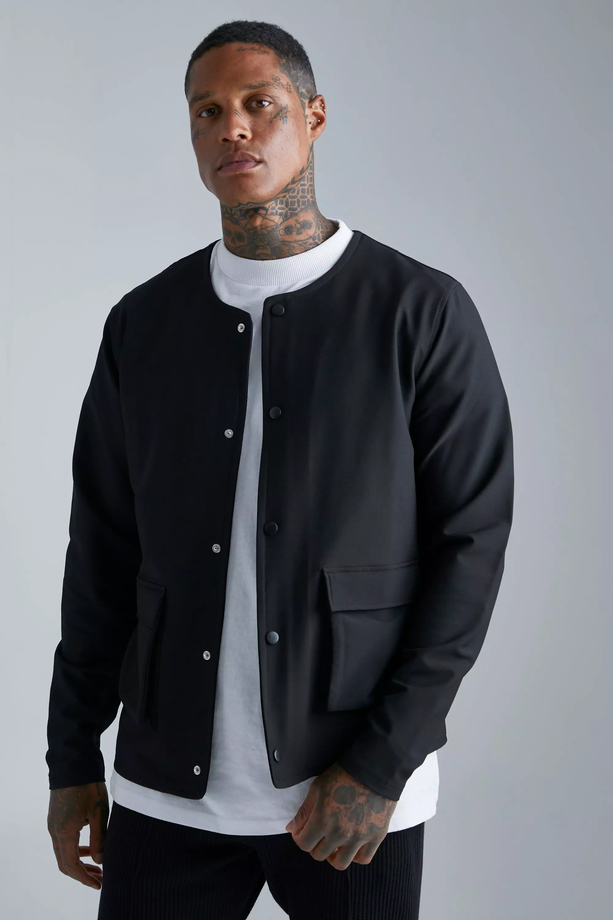 Technical Stretch Collarless Jacket | boohooMAN USA