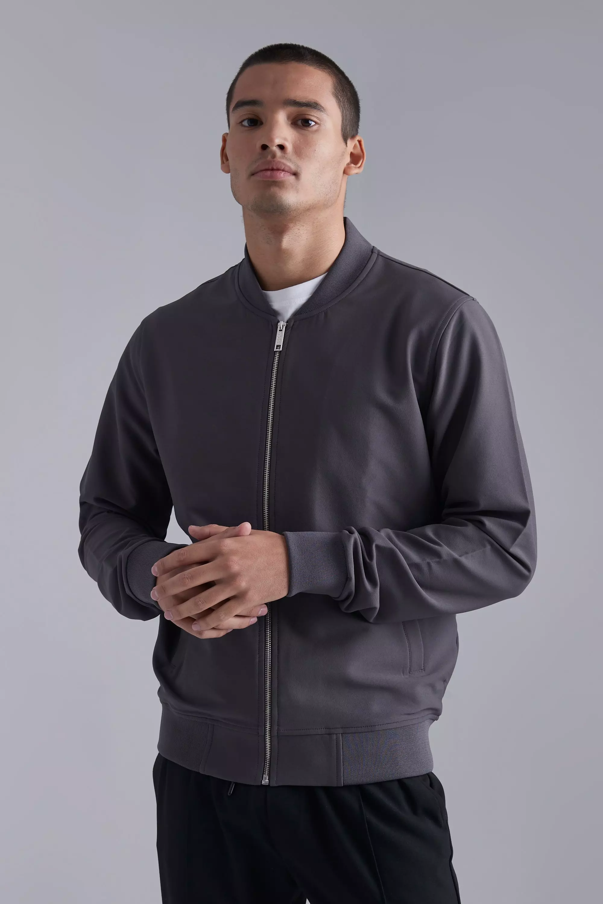 Black stretch bomber jacket sales