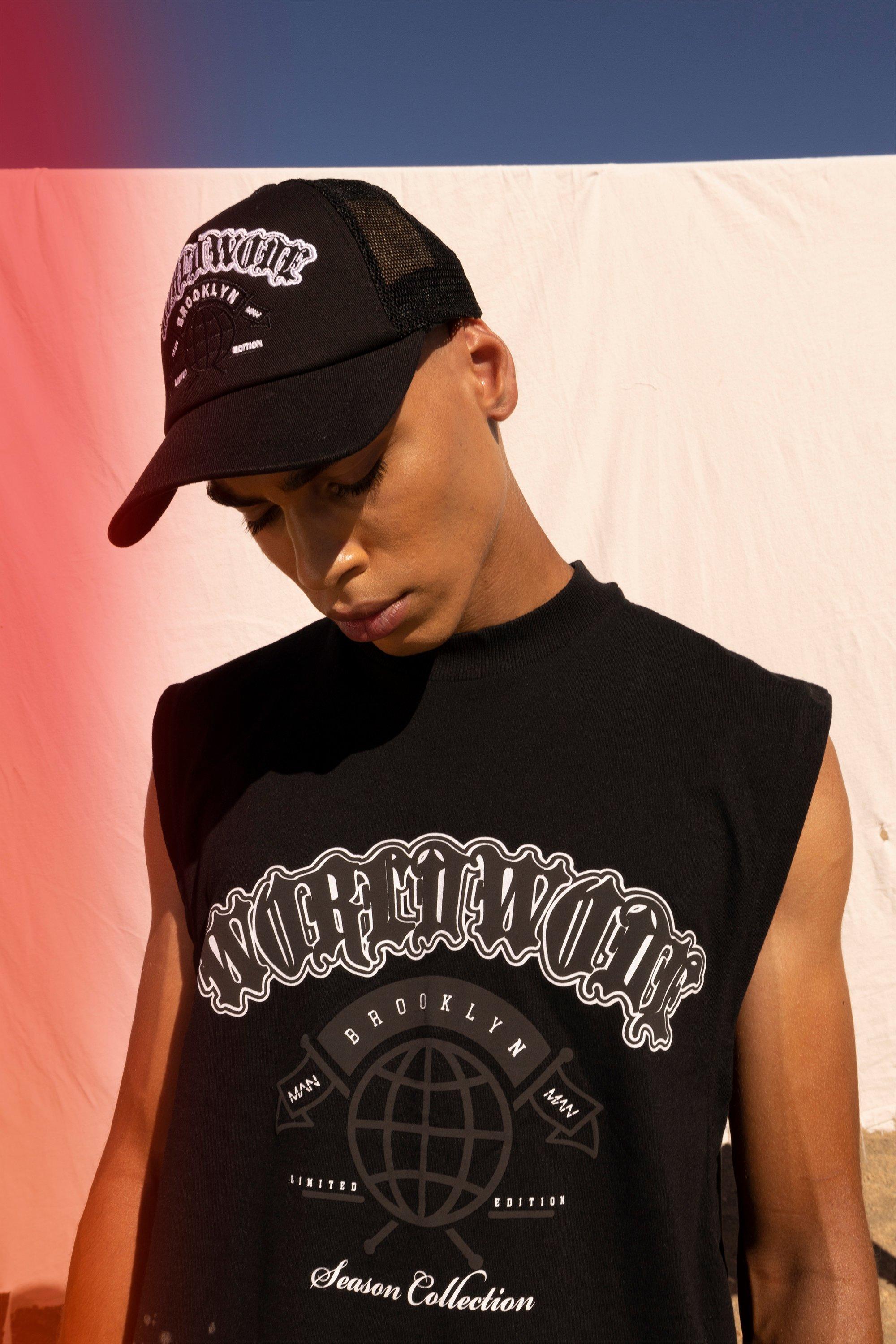 Mens Black Worldwide Embroidered Trucker Cap, Black