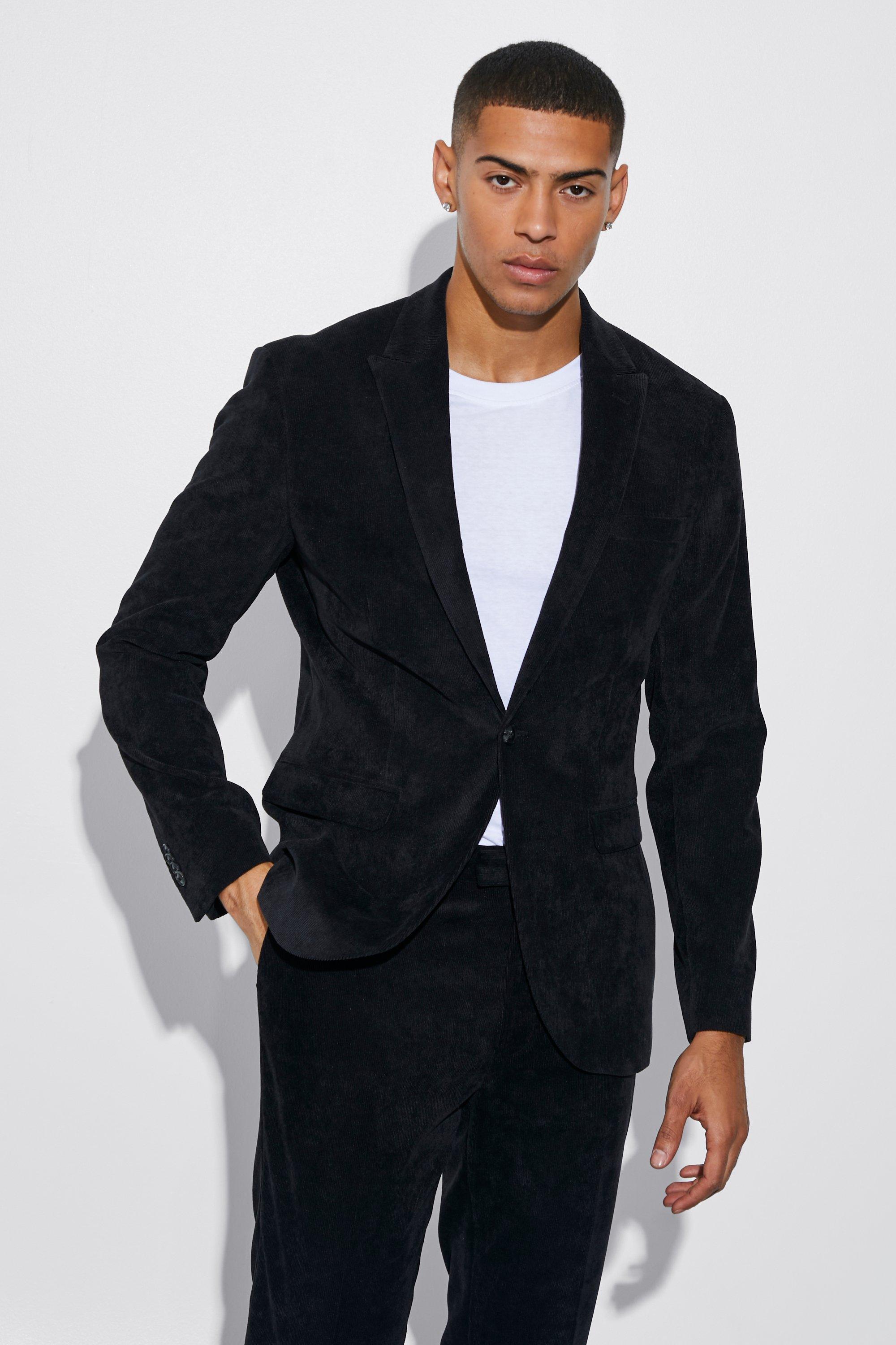 Mens Black Skinny Single Breasted Cord Suit Jacket, Black