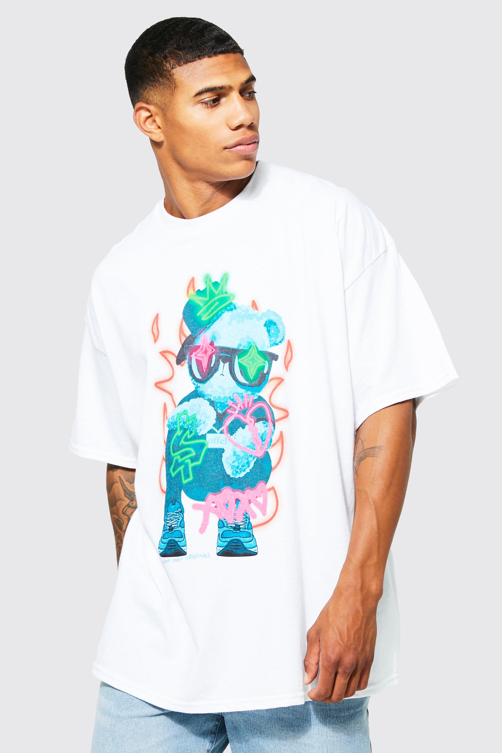 Mens White Oversized Graffiti Teddy Graphic T-shirt, White