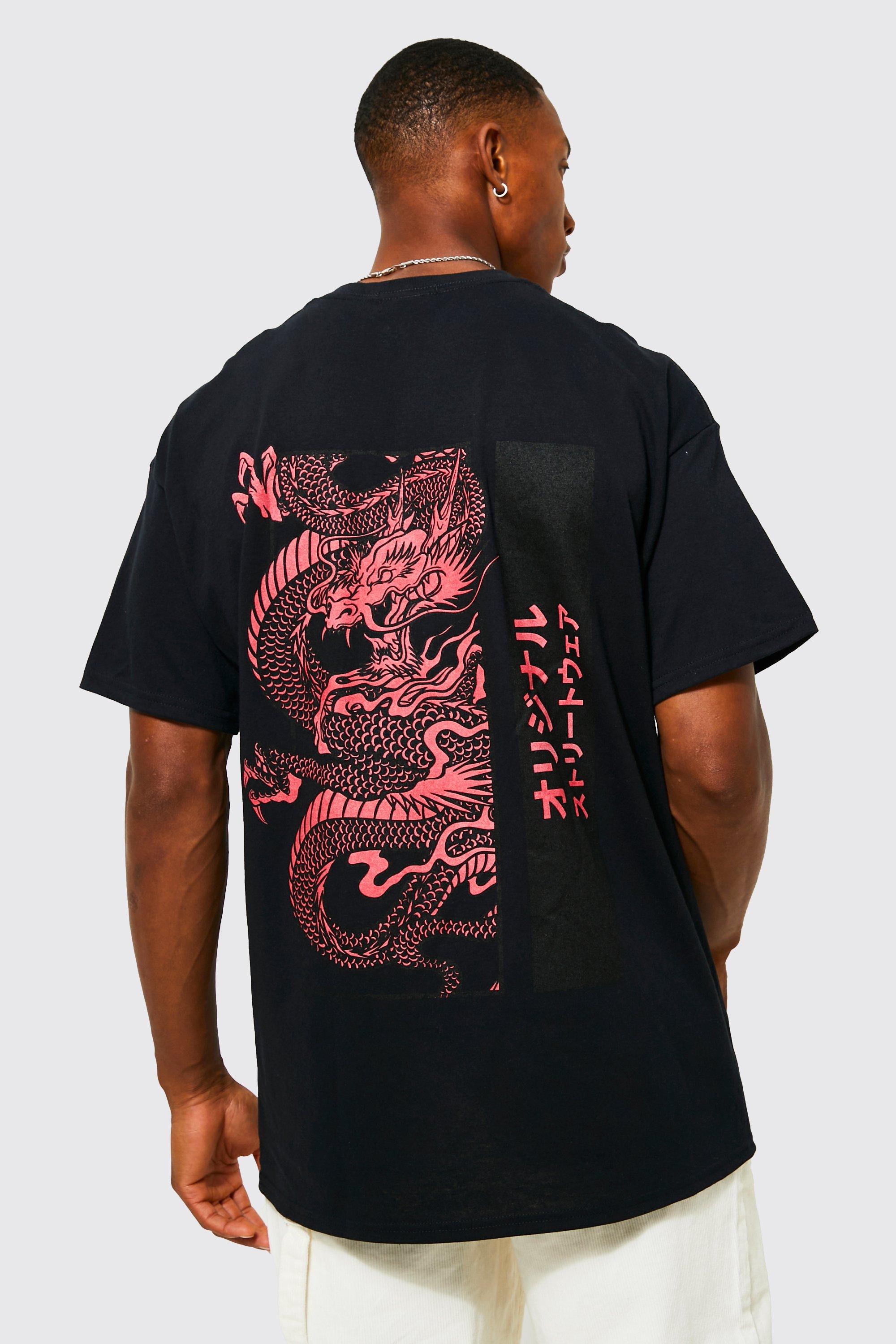 Mens Black Oversized Dragon Graphic T-shirt, Black