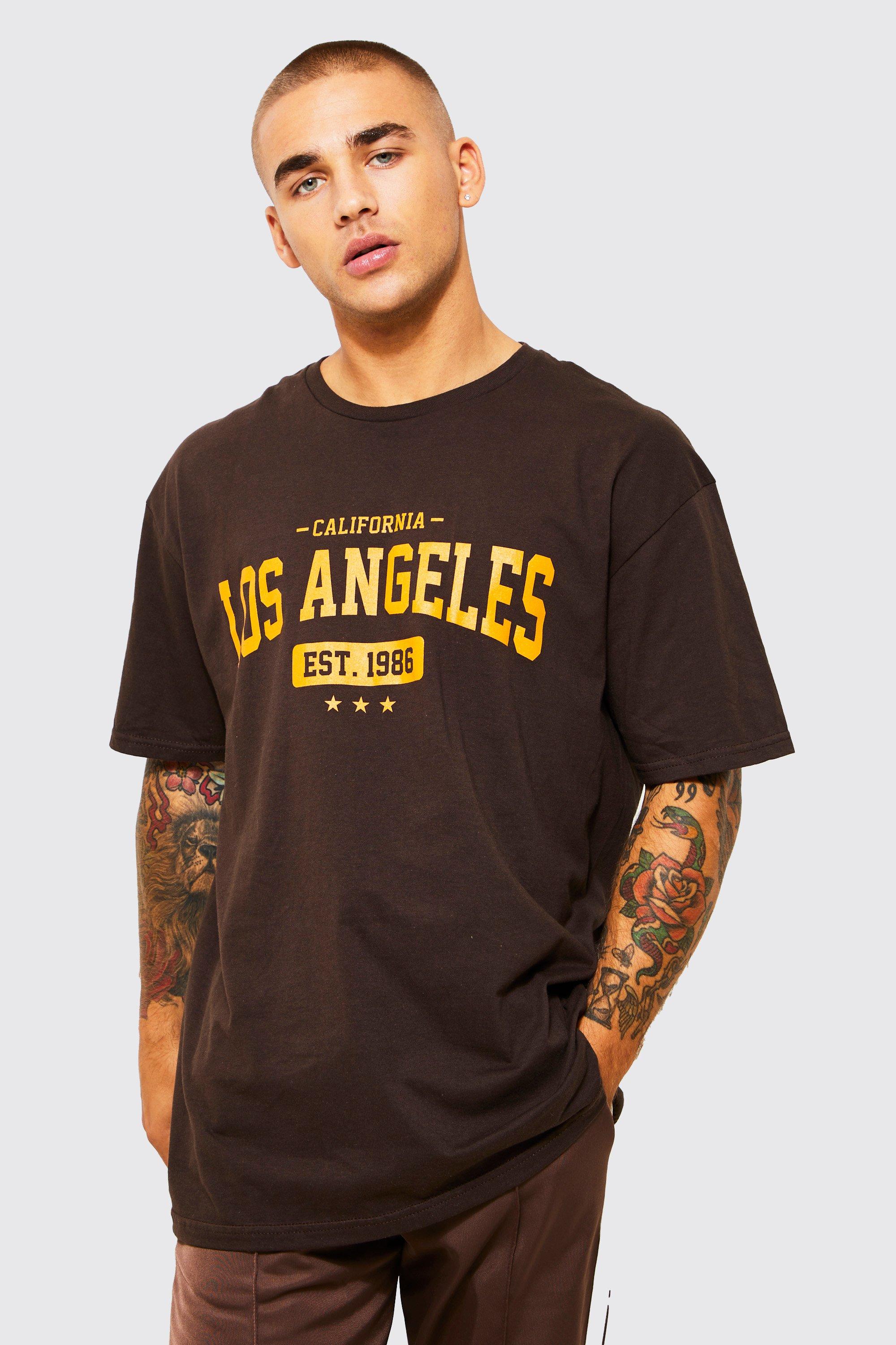 Image of T-shirt oversize con grafica LA stile Varsity, Brown