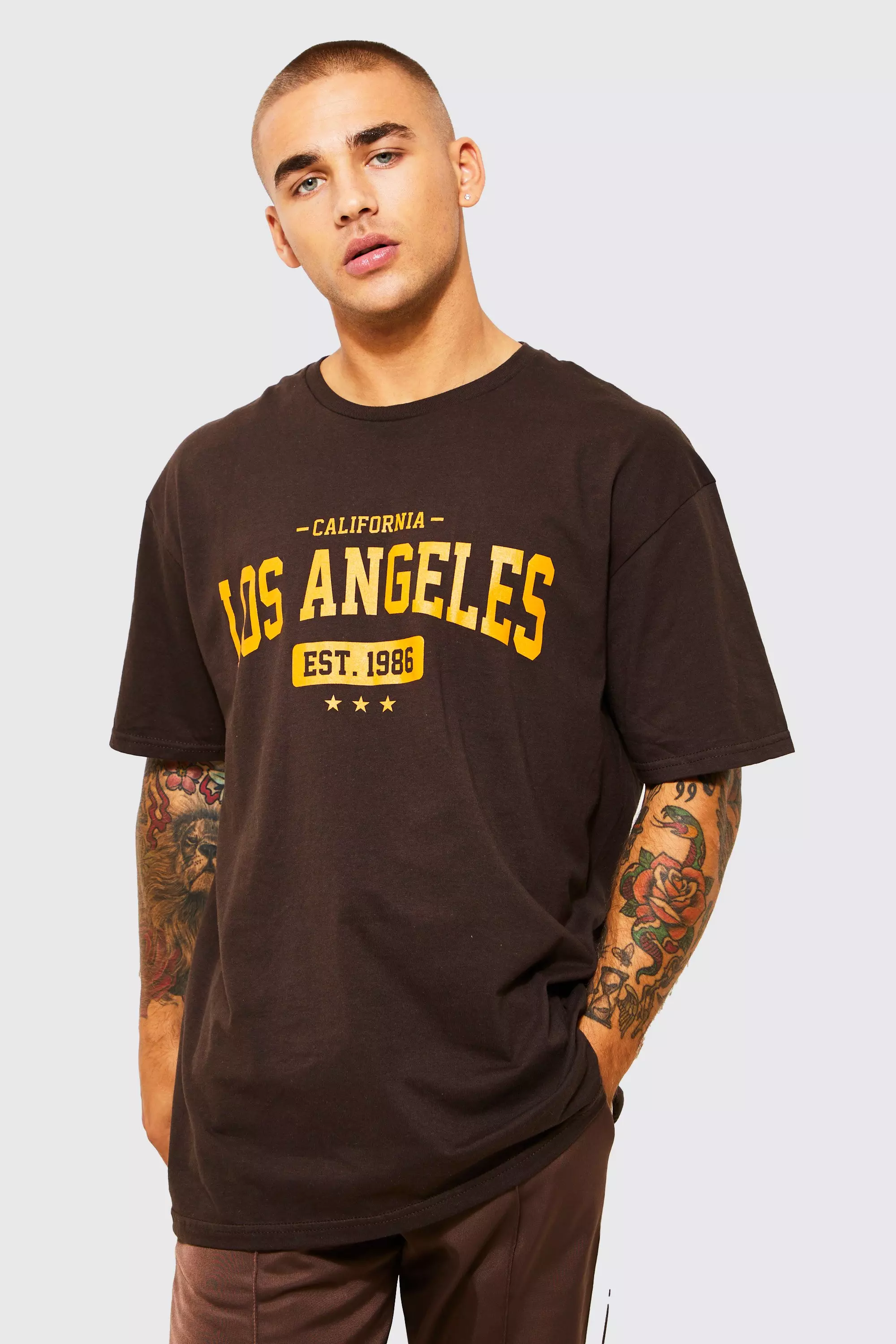 boohoo Mens Oversized La Varsity Graphic T-Shirt - Brown XS