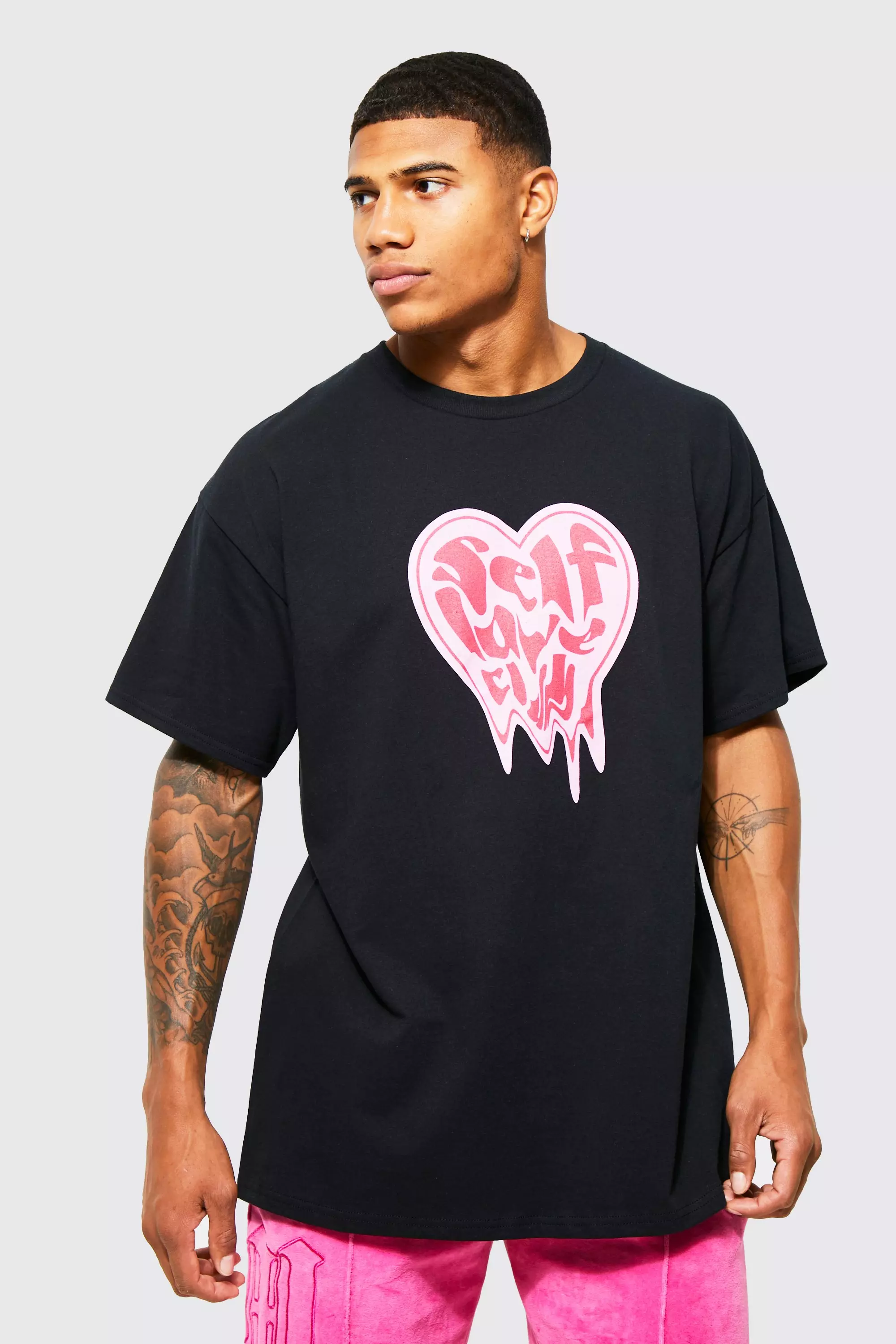 boohooMAN Men's Plus Size Pixilated Heart Graphic T-Shirt