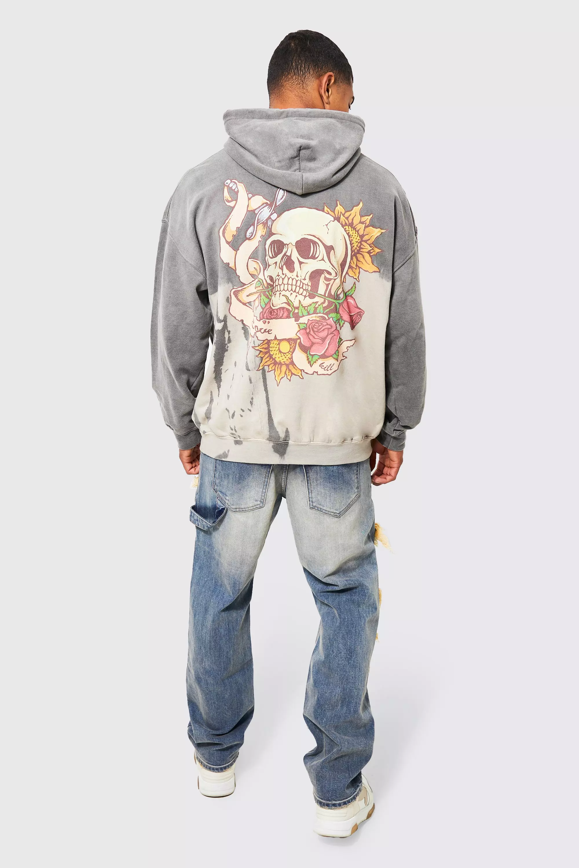 Oversized Bleach Tie Dye Skull Graphic Hoodie boohooMAN USA