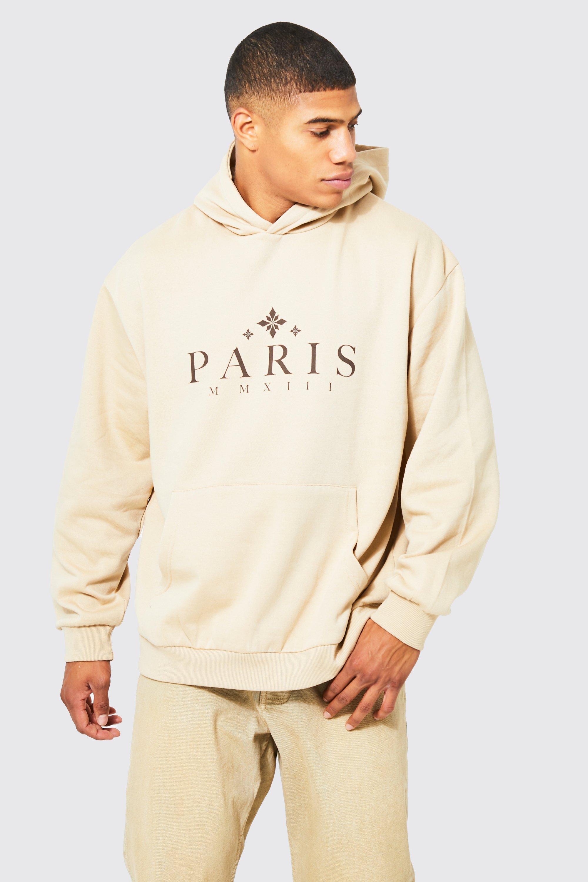 Mens Beige Lightweight Oversized Paris Graphic Hoodie, Beige