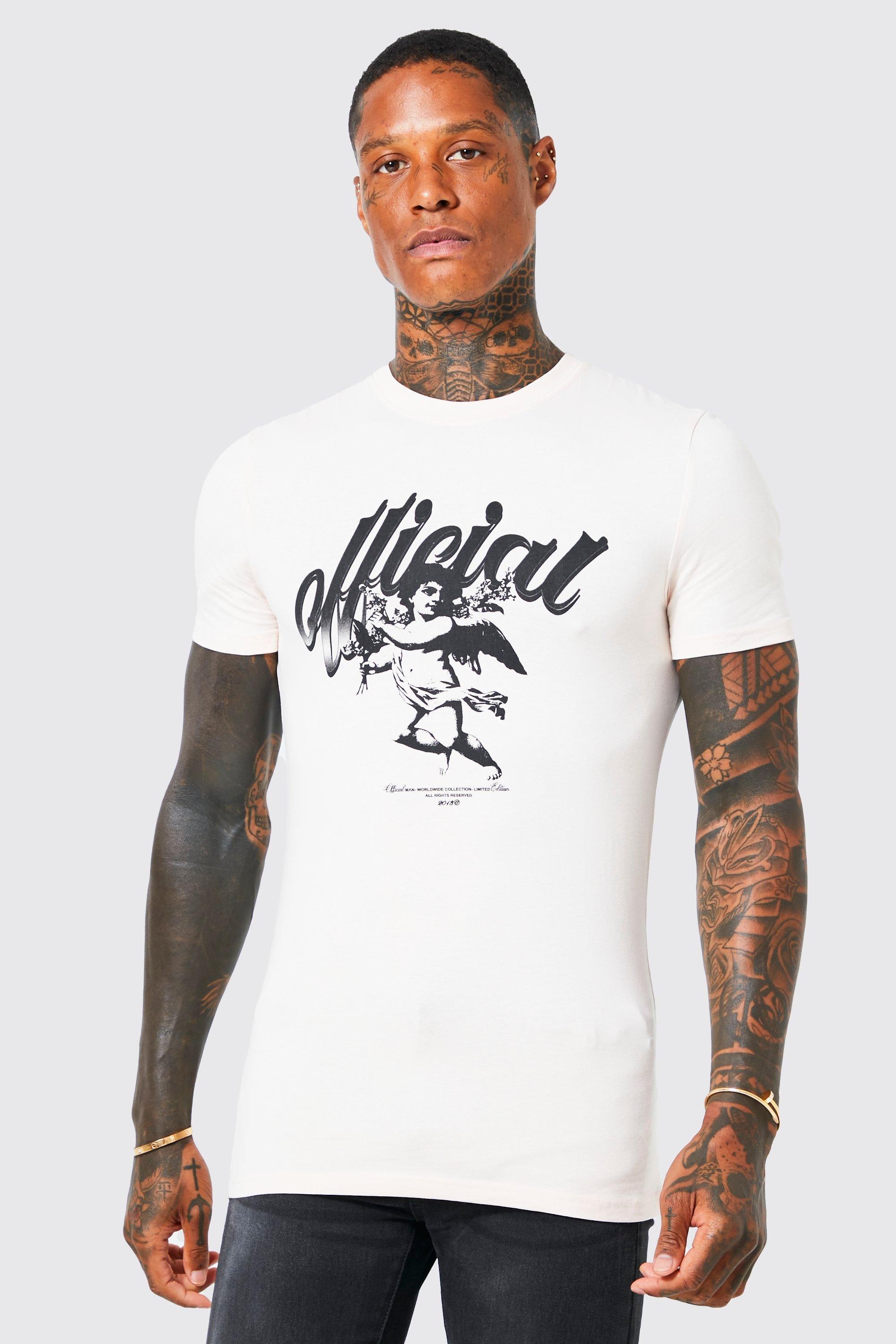 Mens Pink Muscle Fit Cherub Graphic T-shirt, Pink