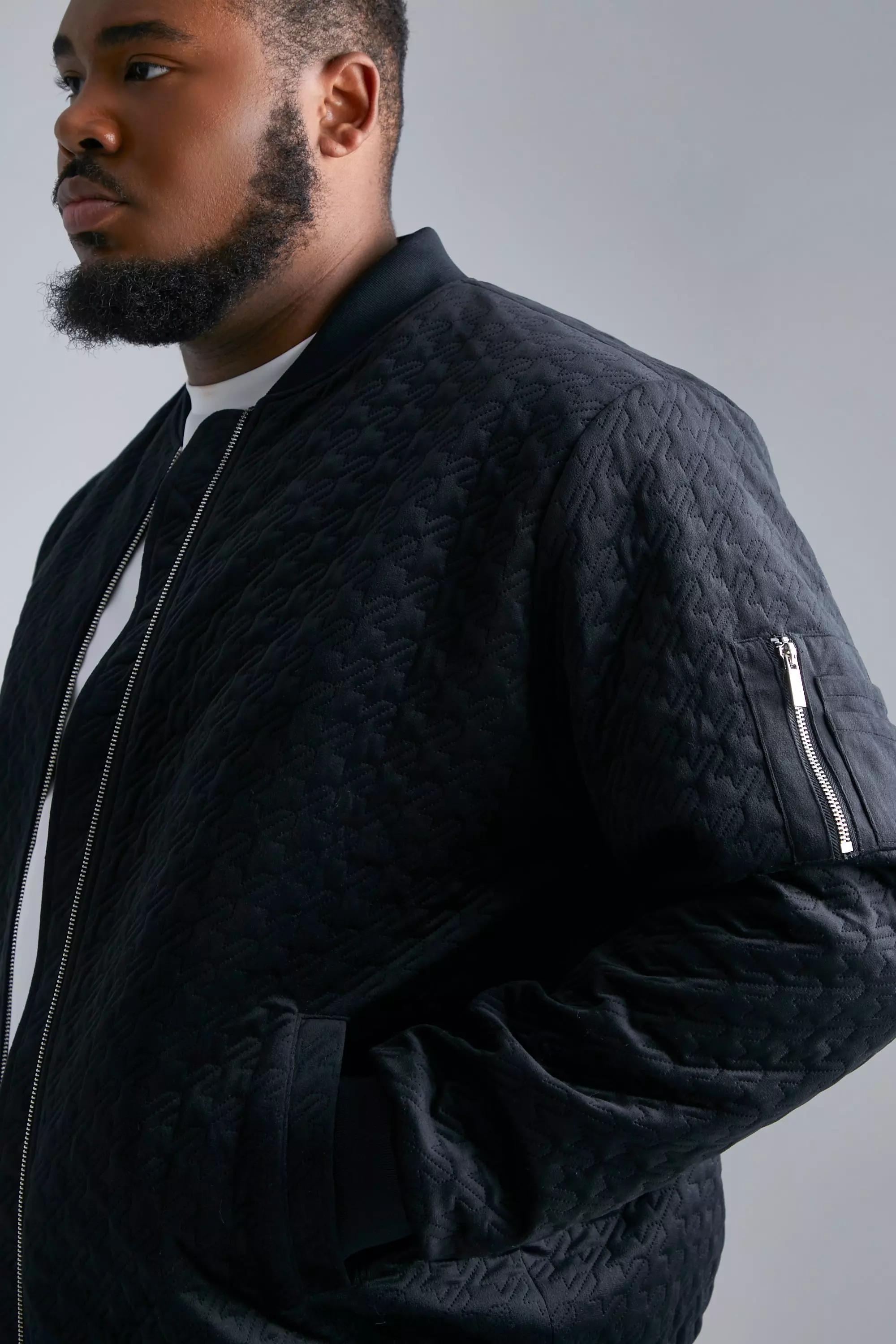 Plus Houndstooth Quilted Velvet Bomber Jacket | boohooMAN USA